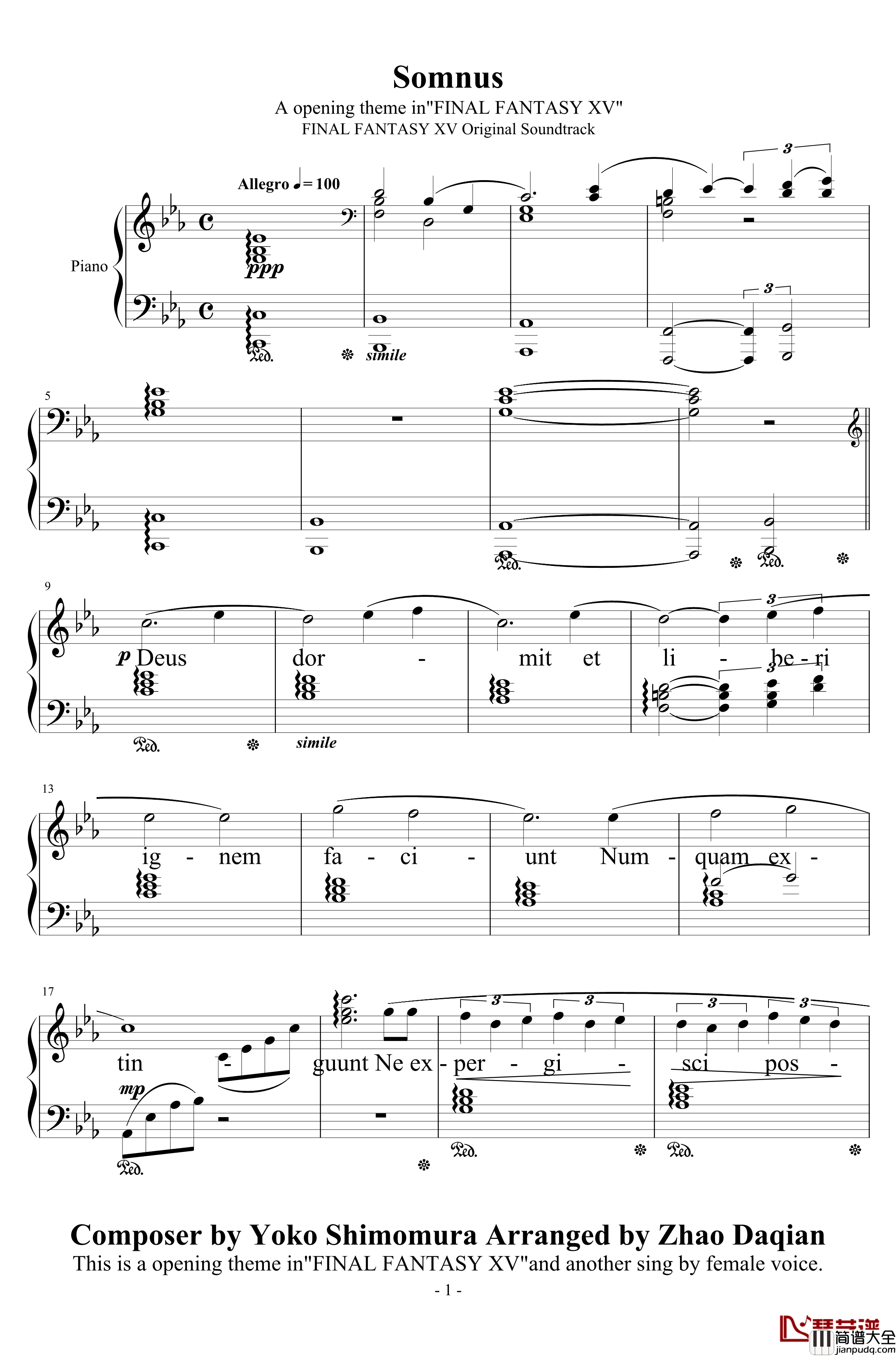 Somnus钢琴谱_最终幻想15主题曲_下村阳子