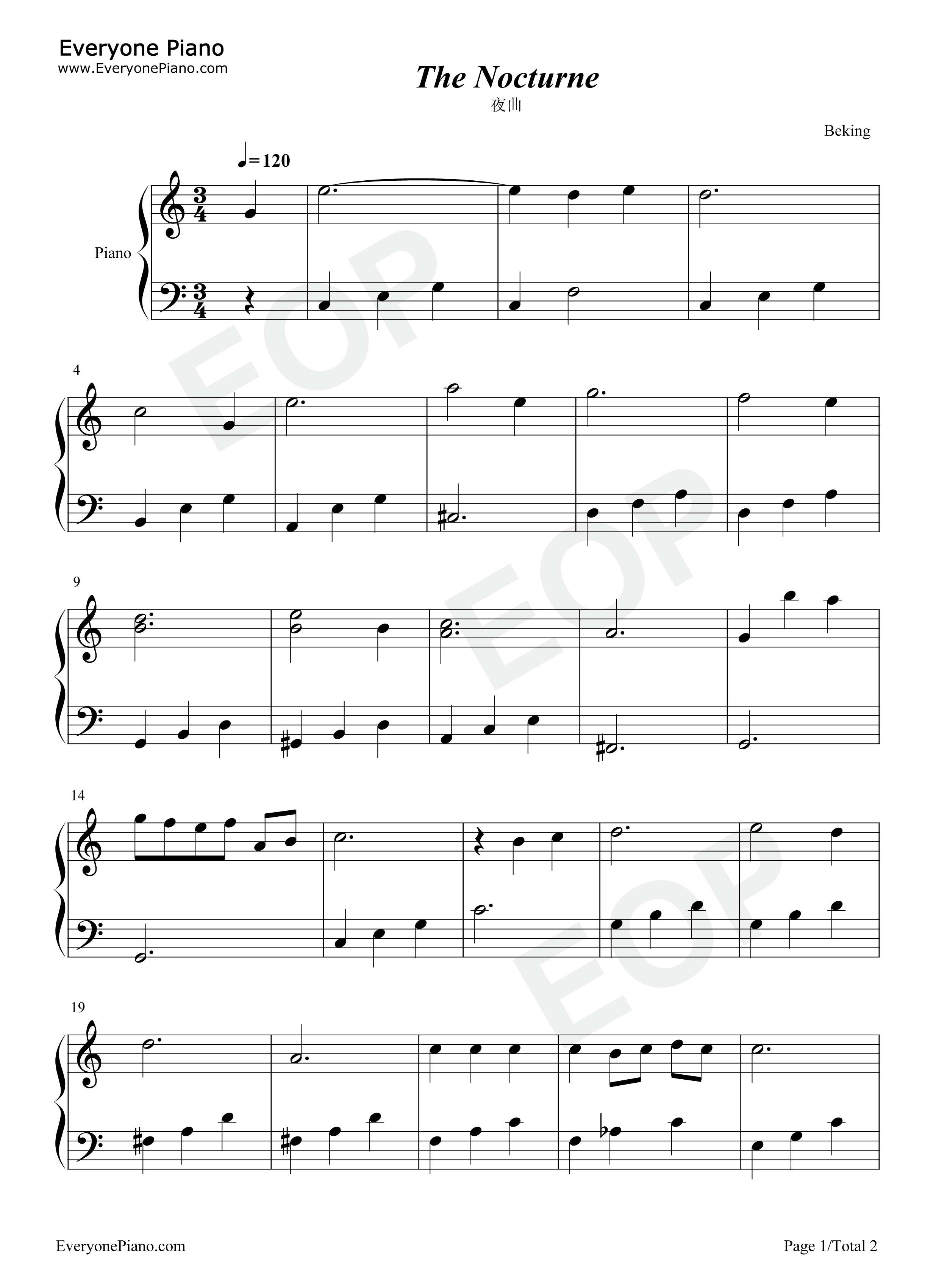 夜曲钢琴谱_夜曲