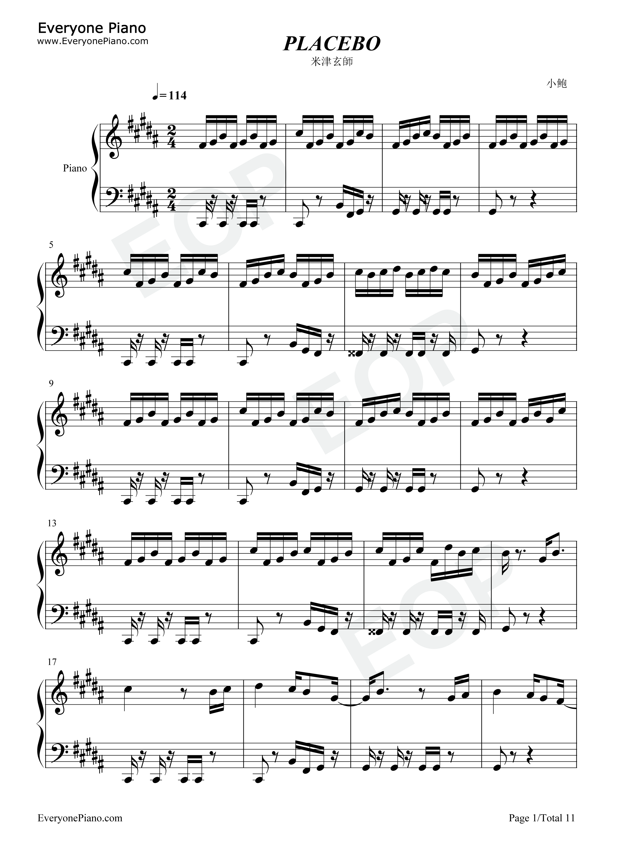 PLACEBO钢琴谱_米津玄師_野田洋次郎