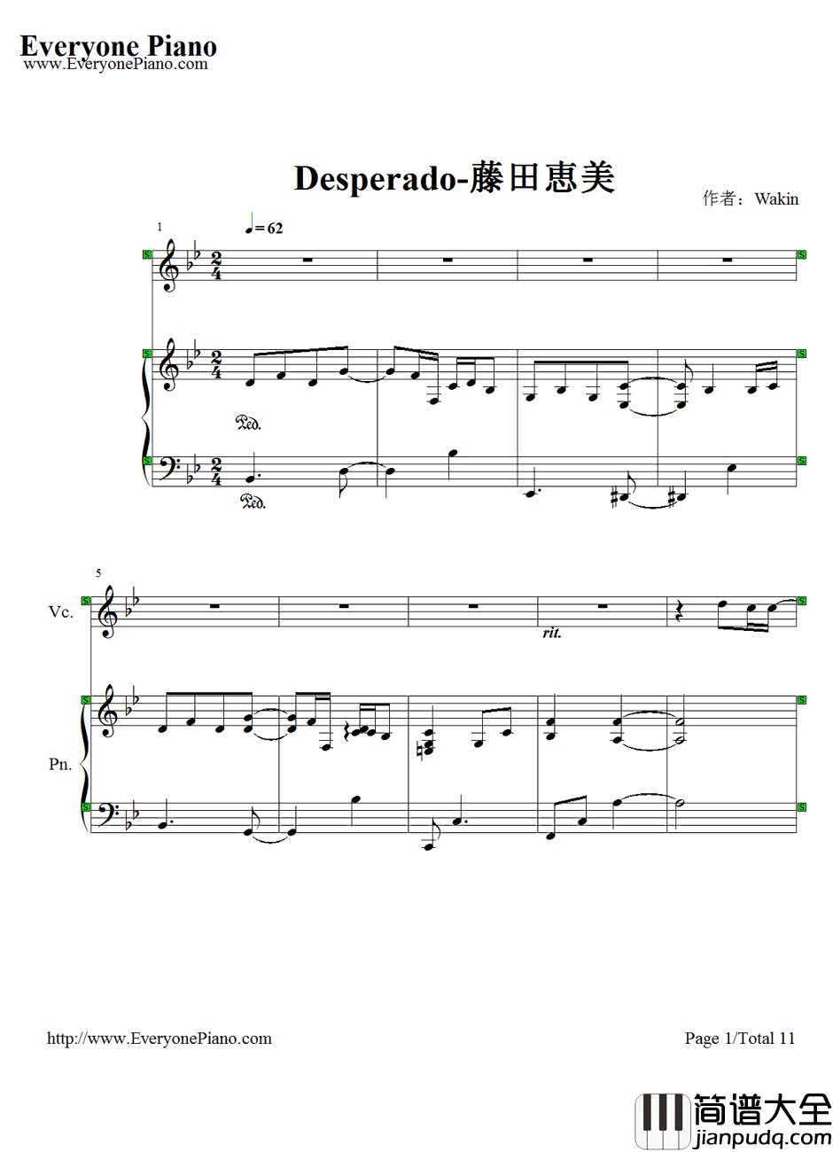 Desperado钢琴谱_藤田惠美