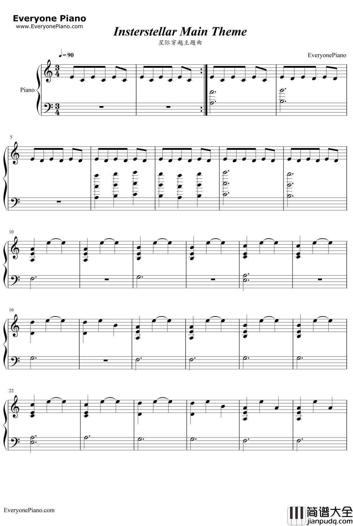 星际穿越主题曲钢琴谱_HansZimmer_星际穿越主题曲