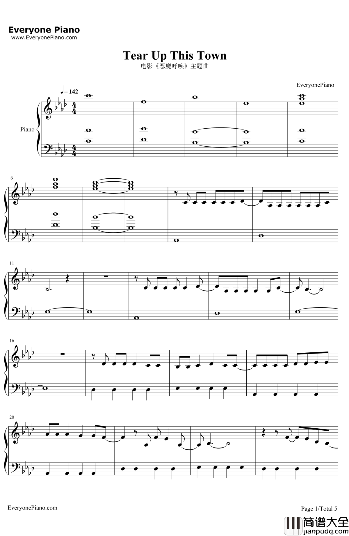TearUpThisTown钢琴谱_Keane_电影_恶魔呼唤_主题曲