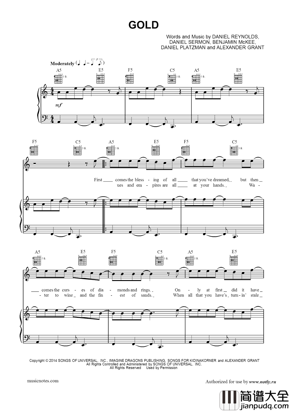 Gold钢琴谱_ImagineDragons