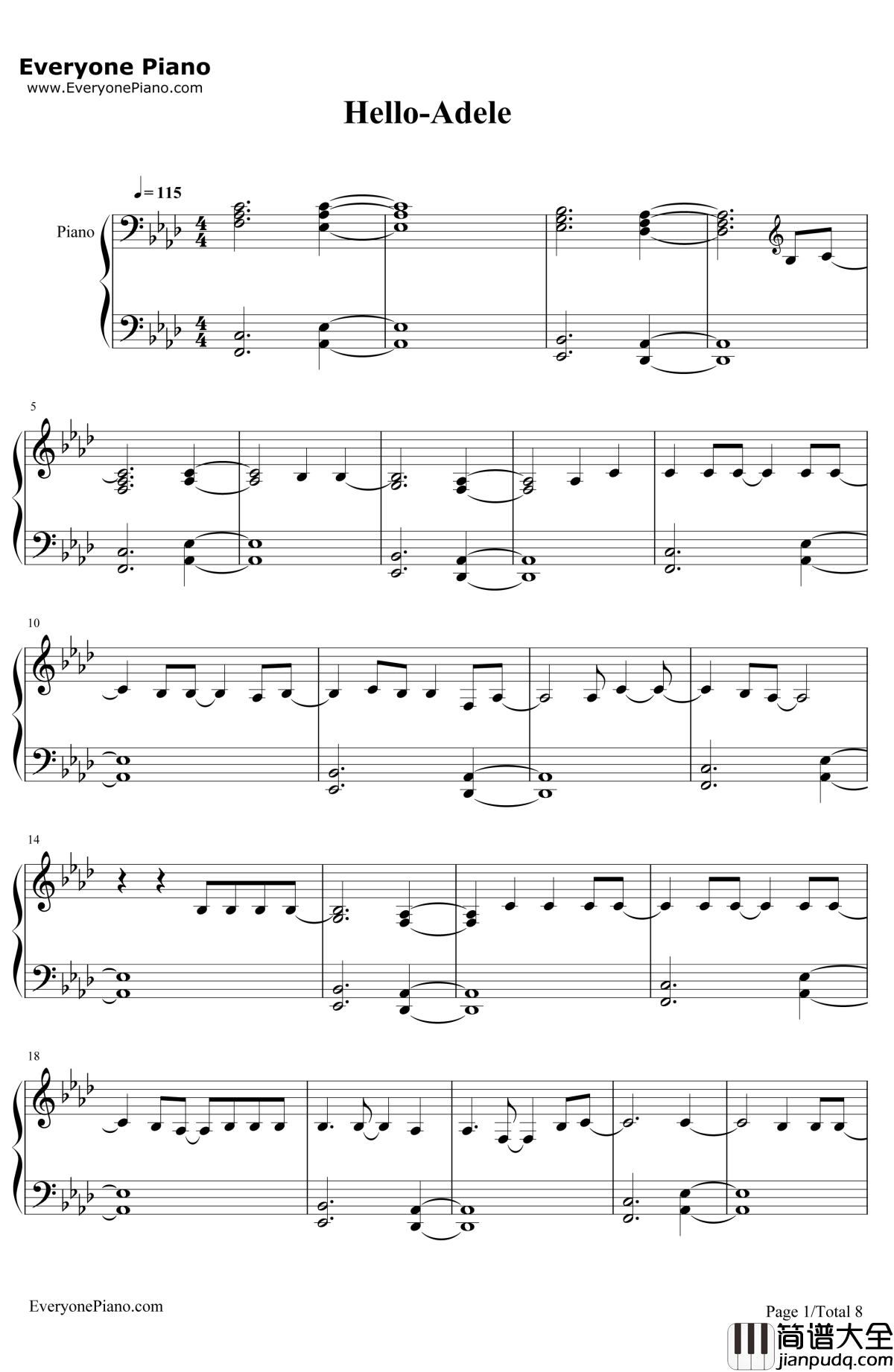 Hello钢琴谱_Adele_钢琴版