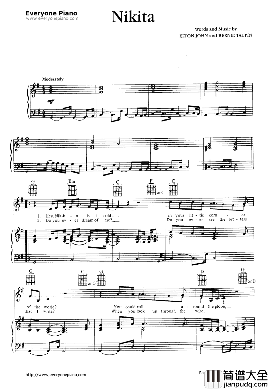 Nikita钢琴谱_EltonJohn 艾尔顿·约翰