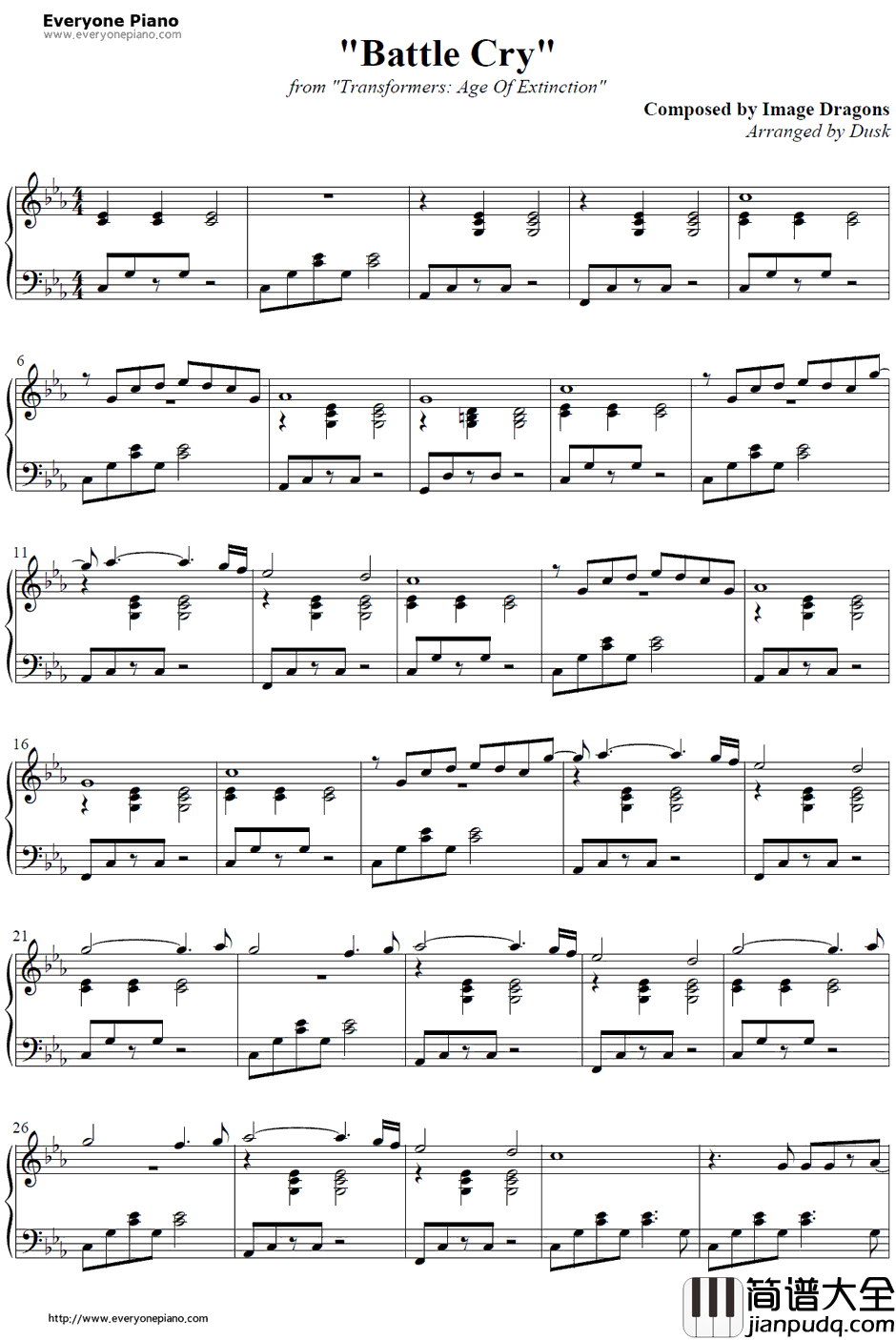 Battle_Cry钢琴谱_ImagineDragons_变形金刚4:绝迹重生主题曲