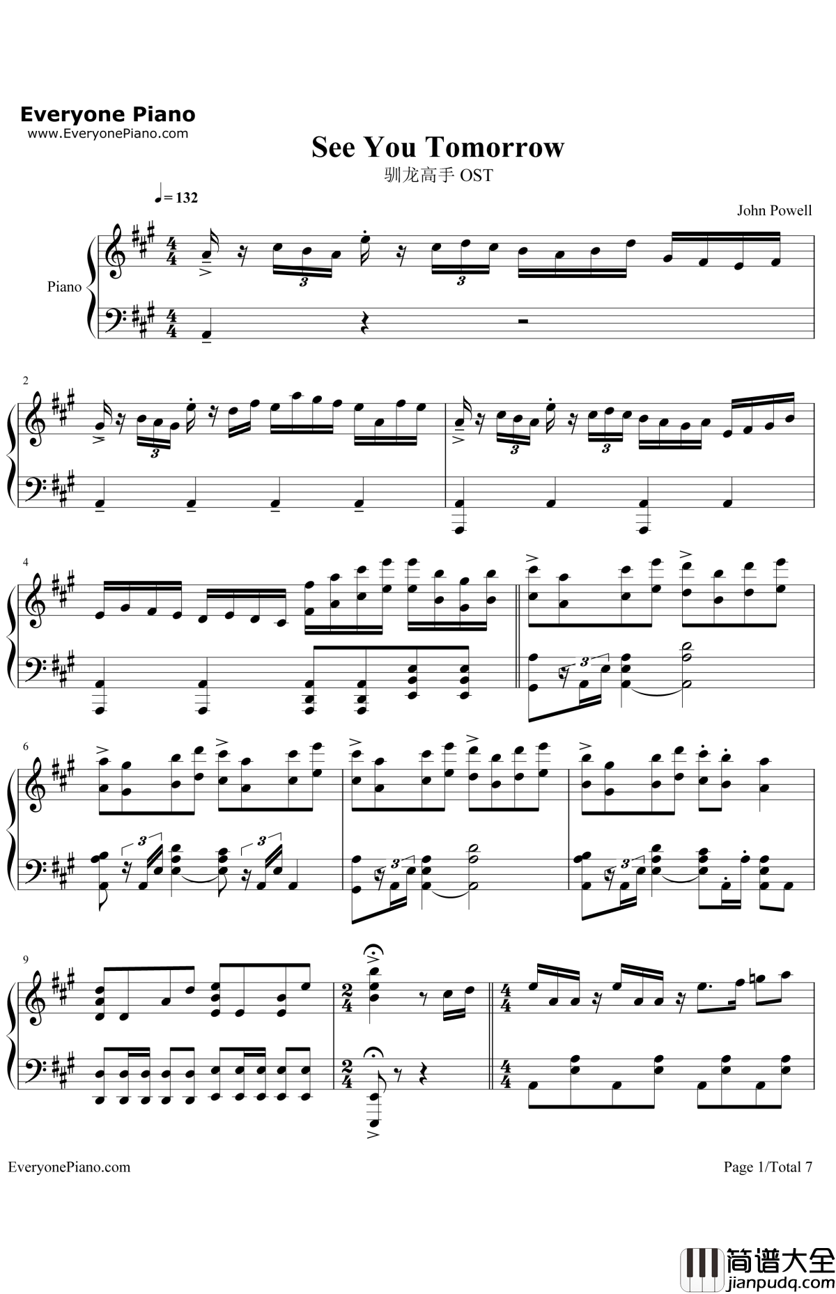 See_You_Tomorrow钢琴谱_JohnPowell_驯龙高手OST