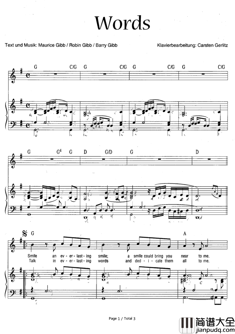 Words钢琴谱_Bee_Gees