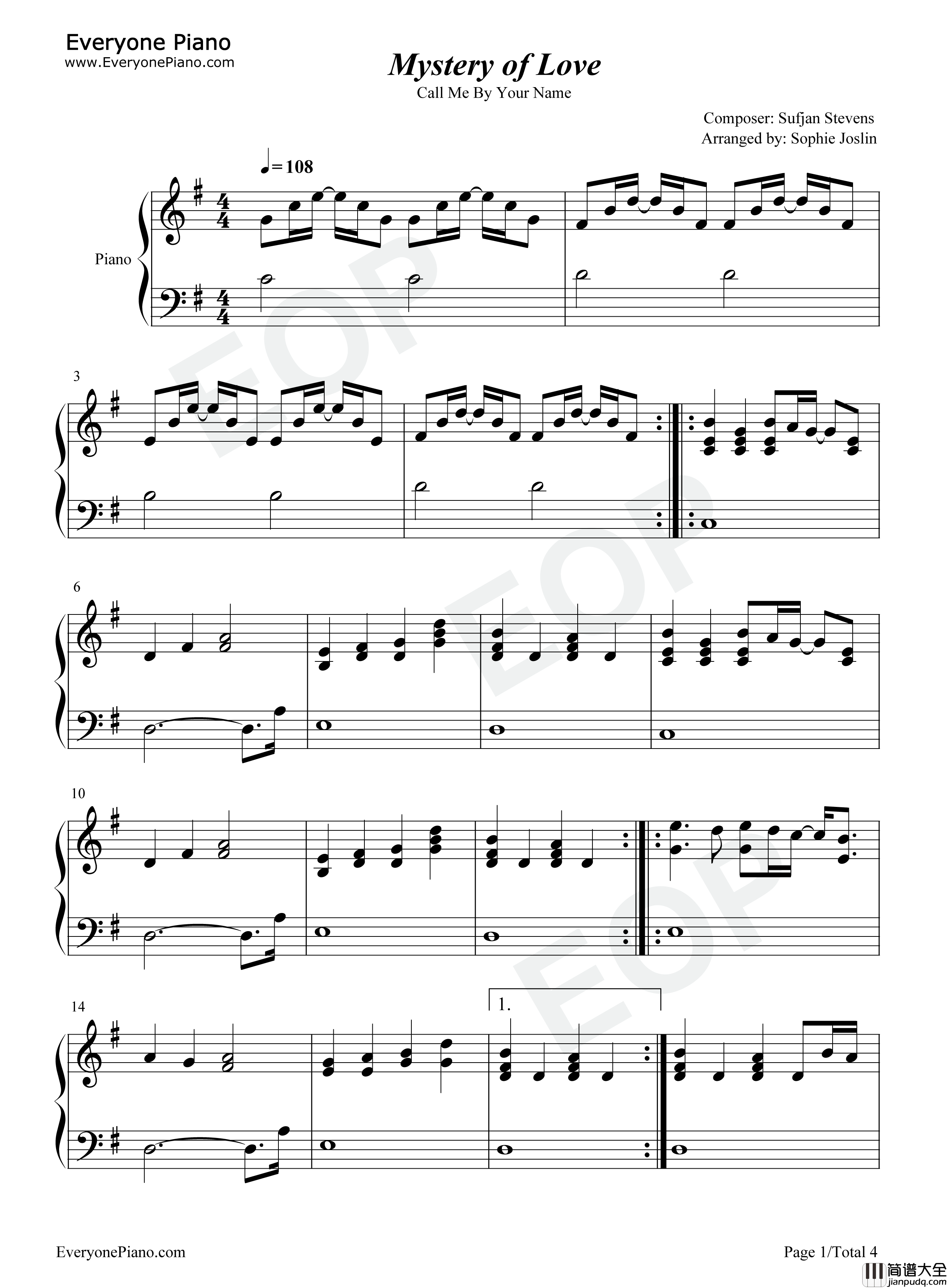 Mystery_of_Love钢琴谱_Sufjan_Stevens