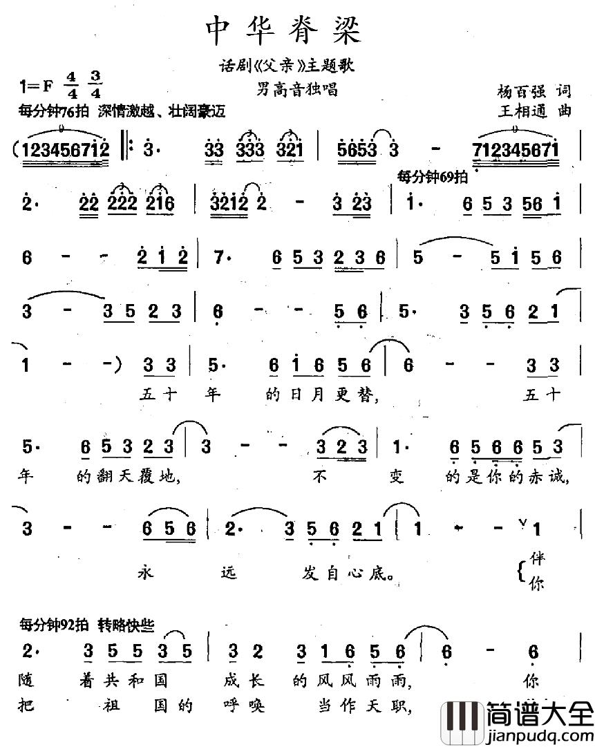 中华脊梁简谱_话剧_父亲_主题歌毕成_