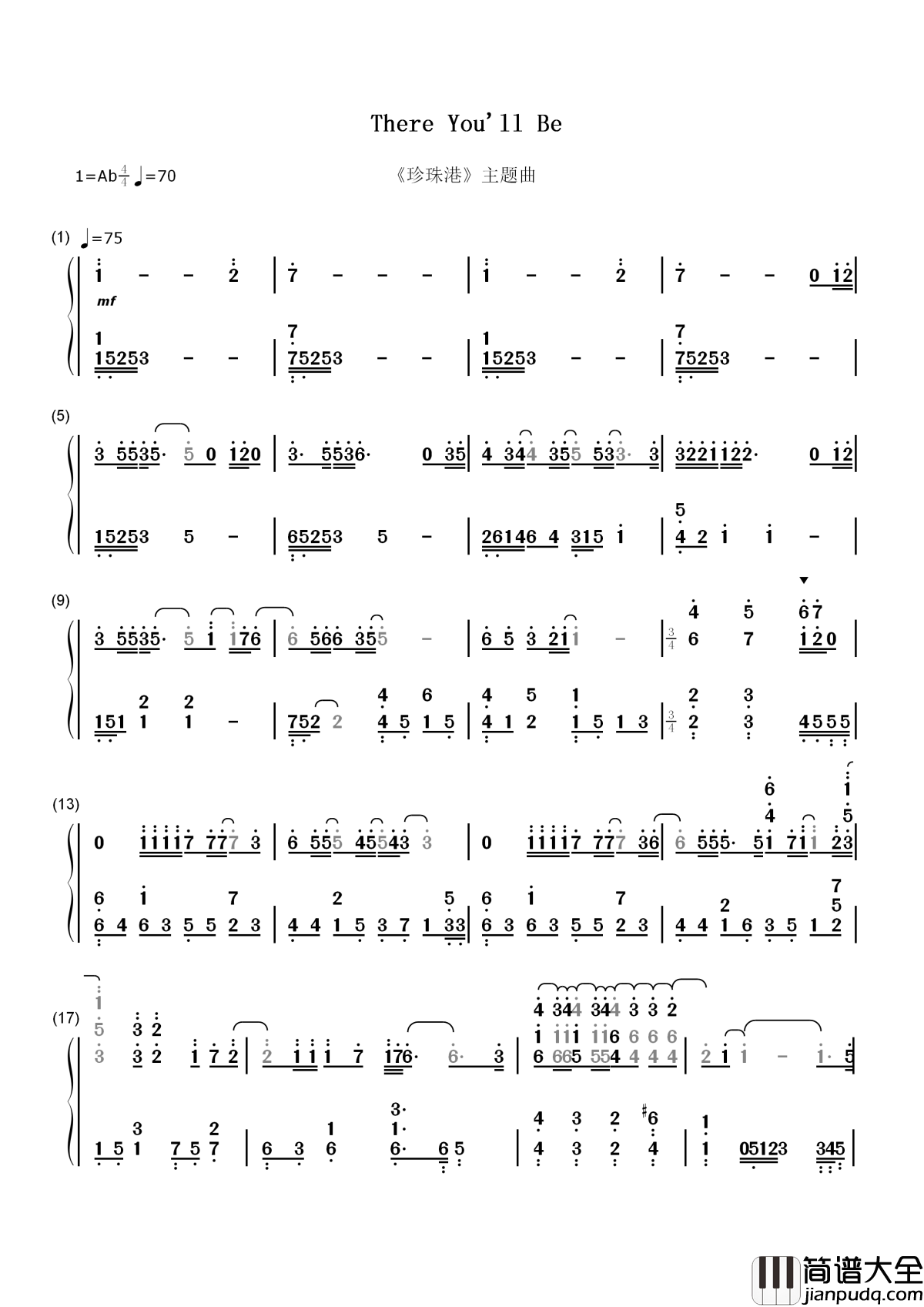 There_You'll_Be_(有你相依)简谱__Faith_Hill__珍珠港主题曲,一首爱情让位于战争的经典歌曲