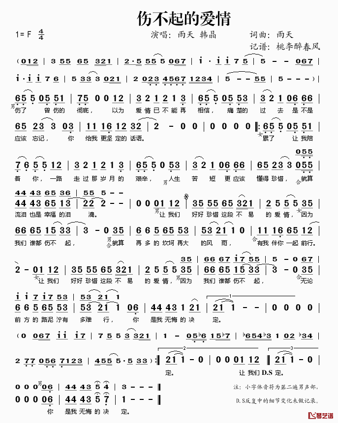 伤不起的爱情简谱(歌词)_雨天/韩晶演唱_桃李醉春风记谱