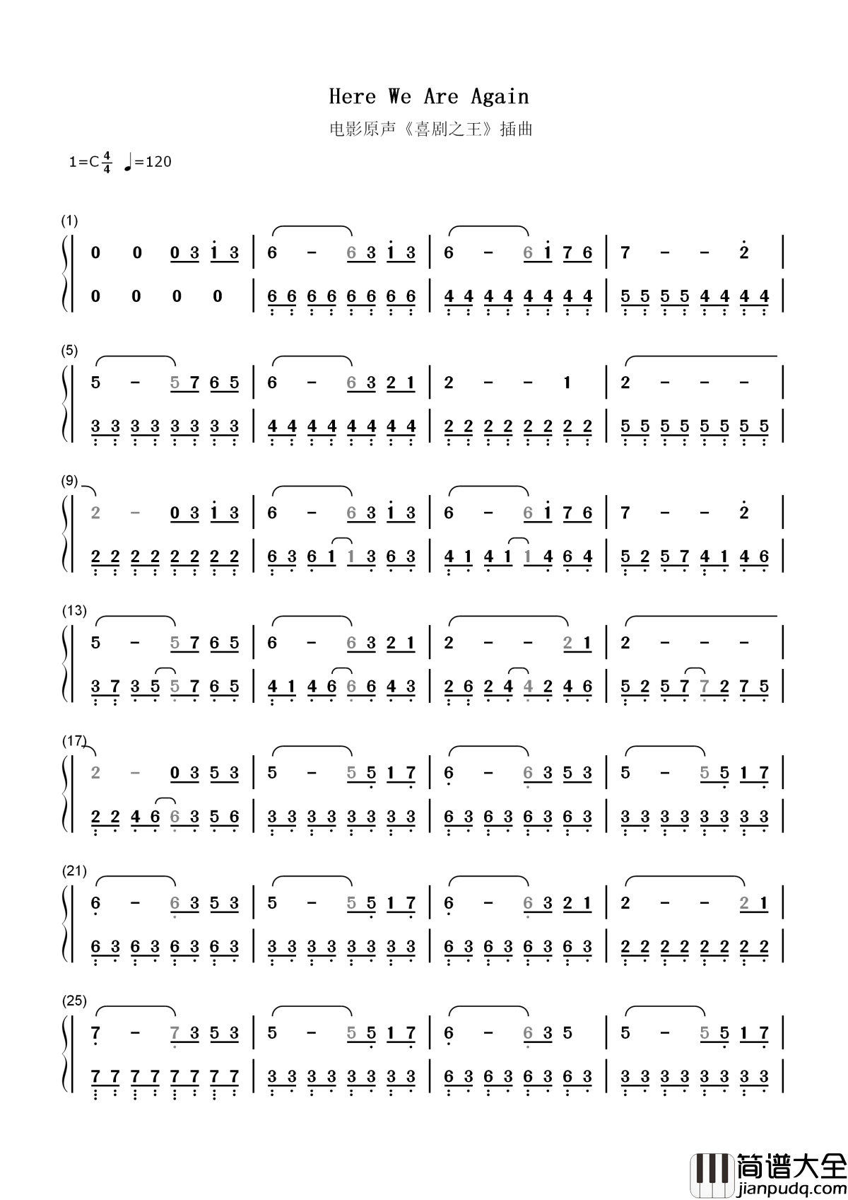 Here_We_Are_Again简谱_喜剧之王插曲,从此山水再相逢