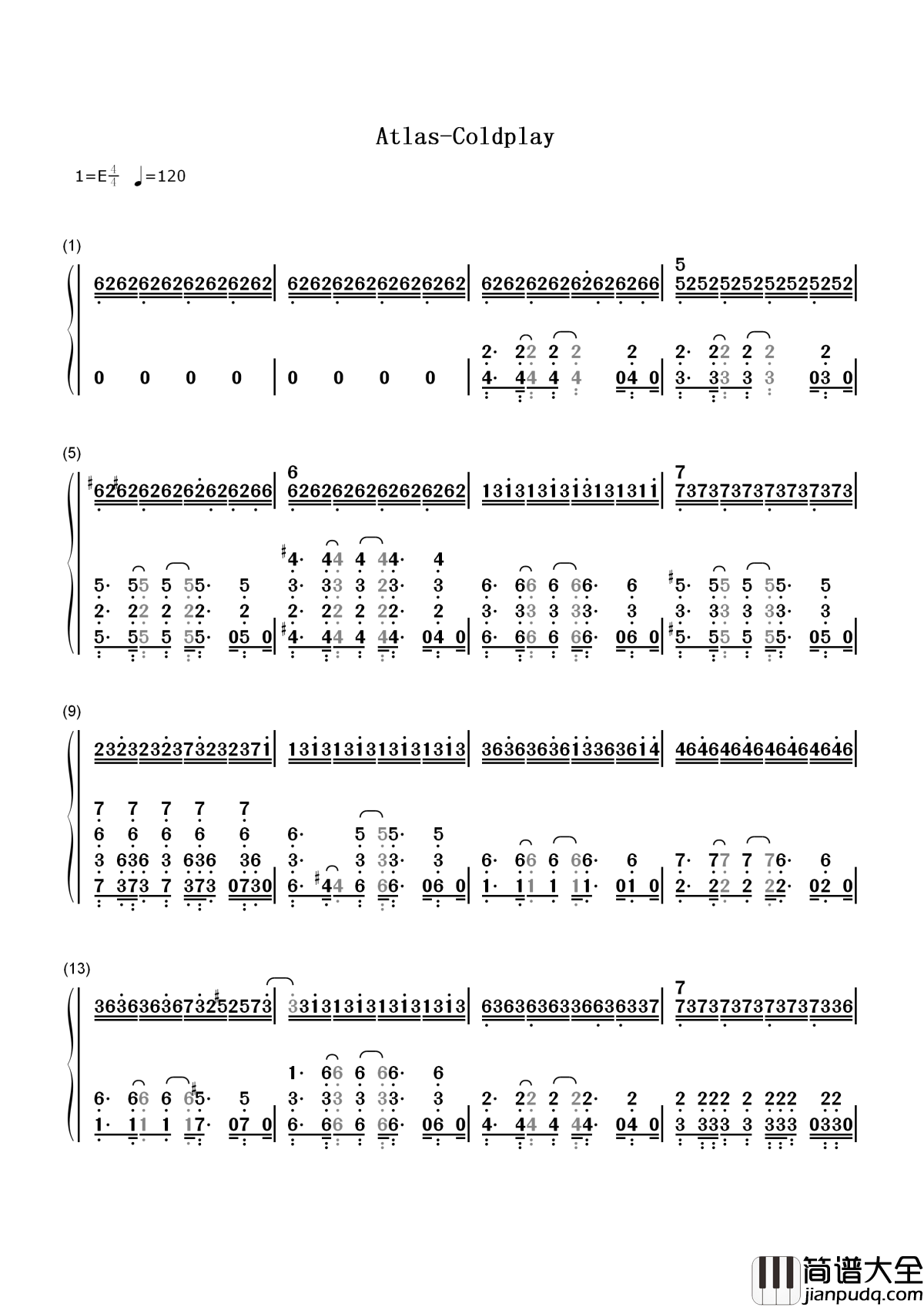 Atlas简谱_Coldplay_电影_饥饿游戏:星火燎原主题曲