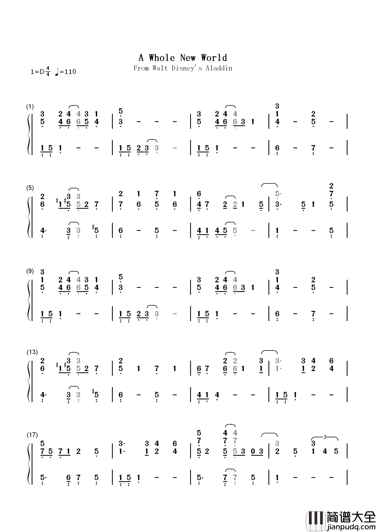 A_Whole_New_World(我们的新世界)简谱__Nick_Lachey_/Jessica_Simpson__迪斯尼动画电影阿拉丁的主题曲