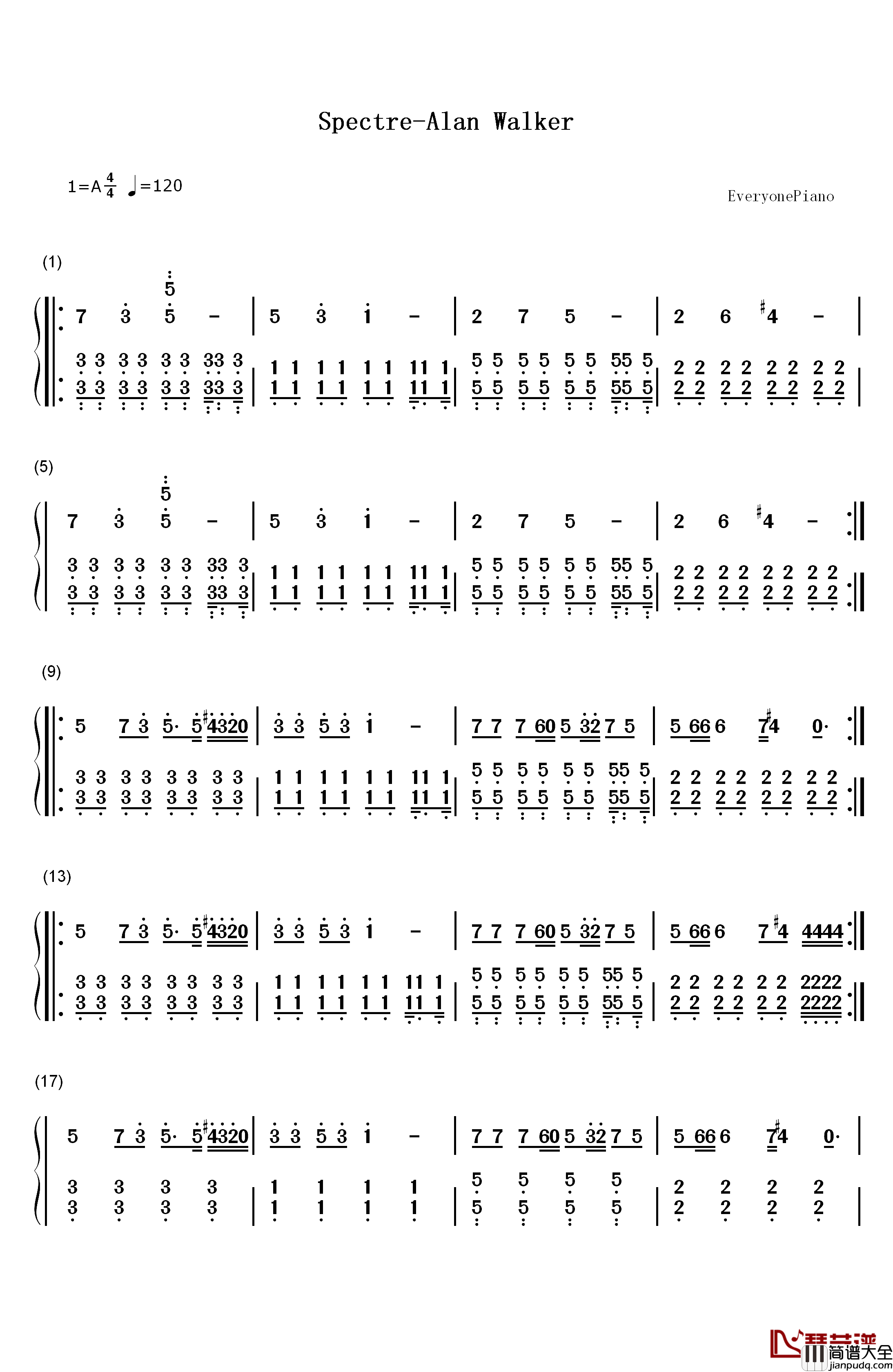Spectre钢琴简谱_数字双手_Alan_Walker