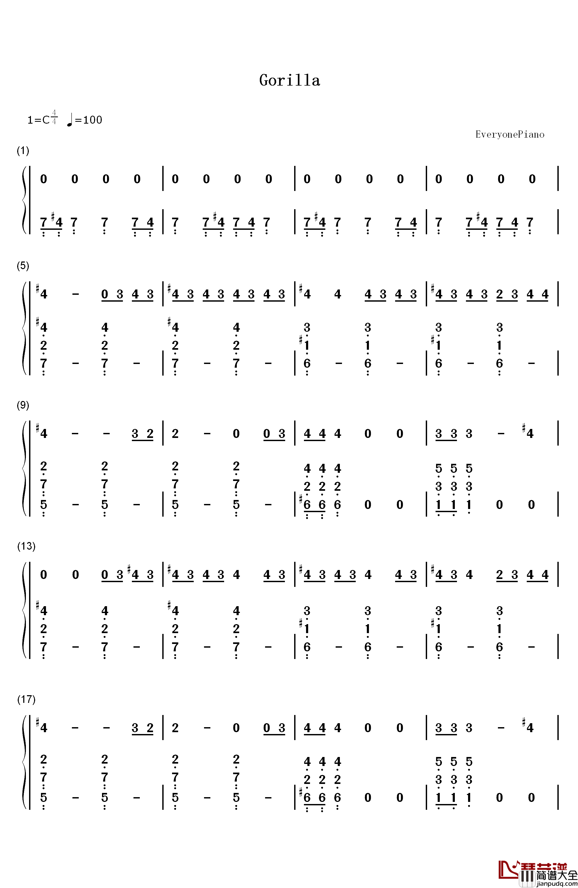 Gorilla钢琴简谱_数字双手_Bruno_Mars