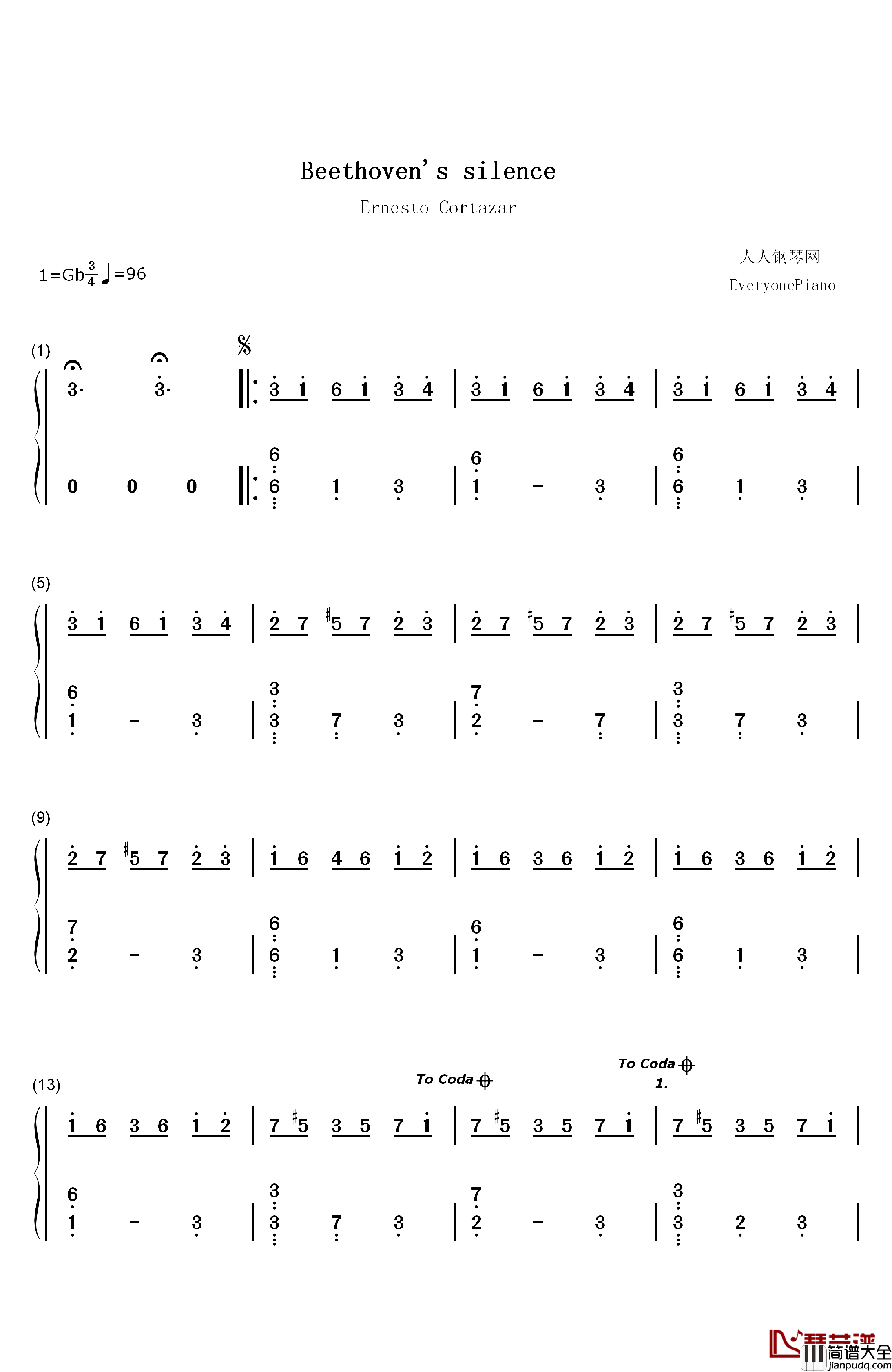 Beethoven's_Silence钢琴简谱_数字双手_Ernesto_Cortazar
