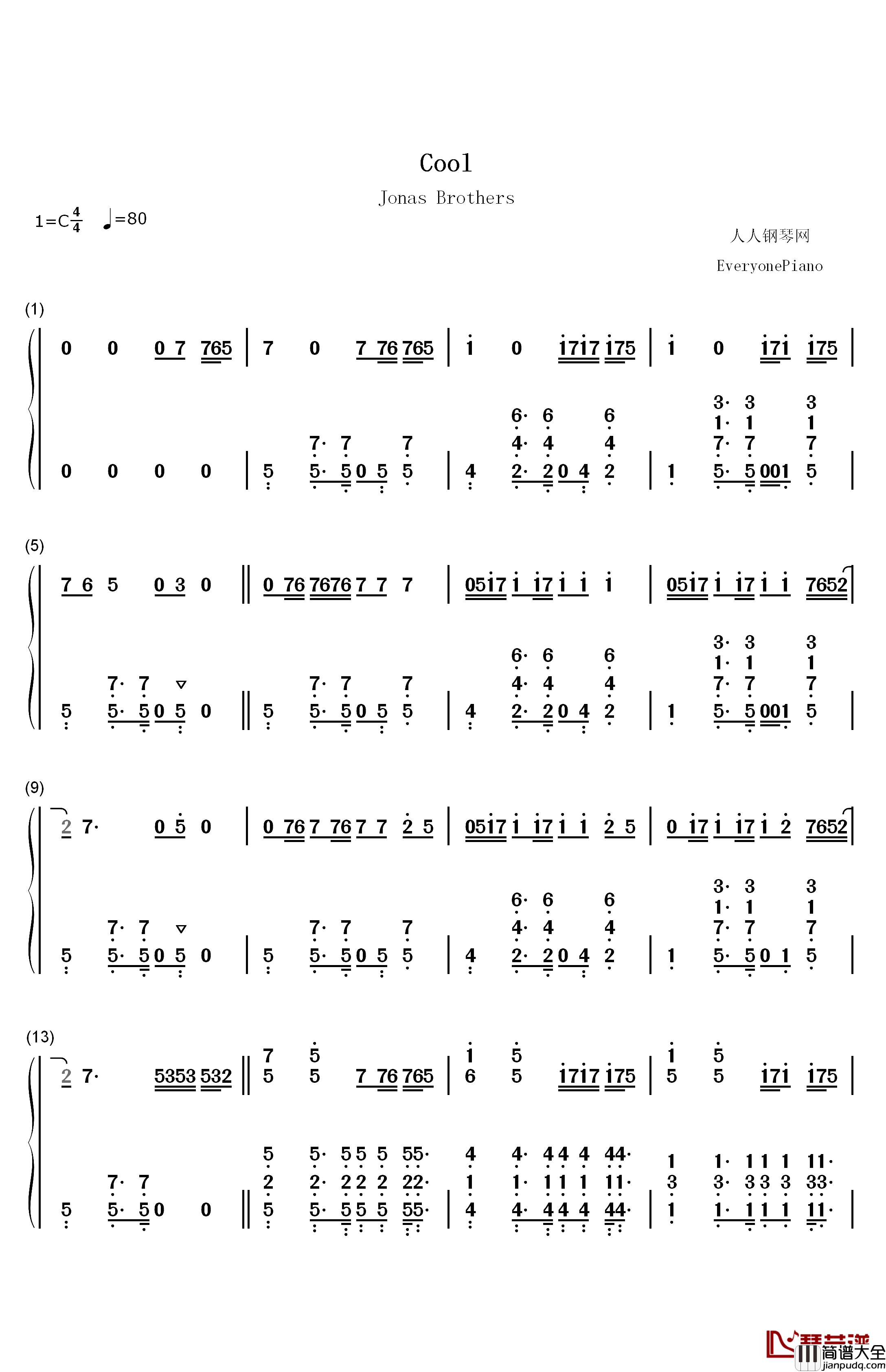 Cool钢琴简谱_数字双手_Jonas_Brothers