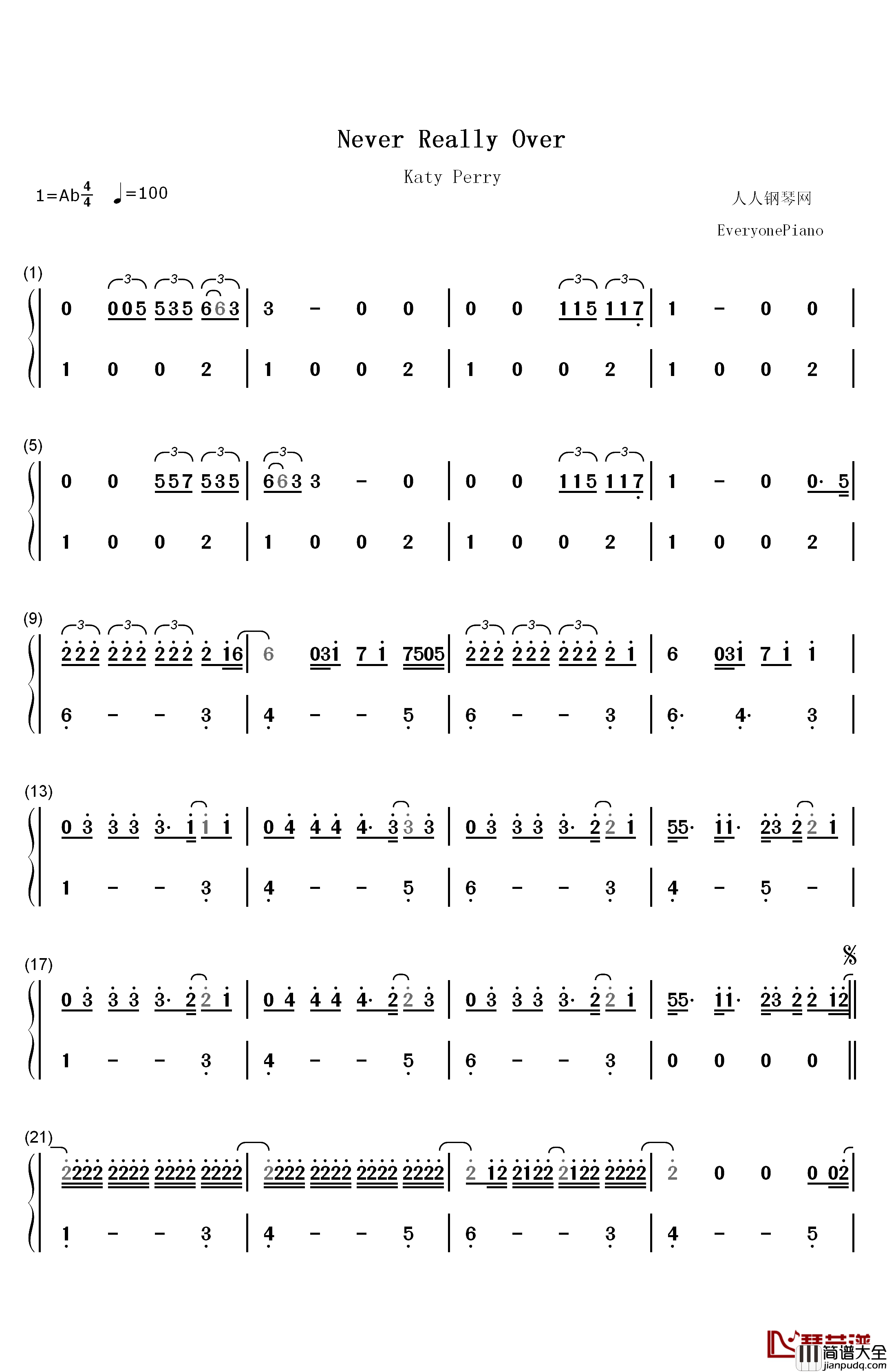 Never_Really_Over钢琴简谱_数字双手_Katy_Perry
