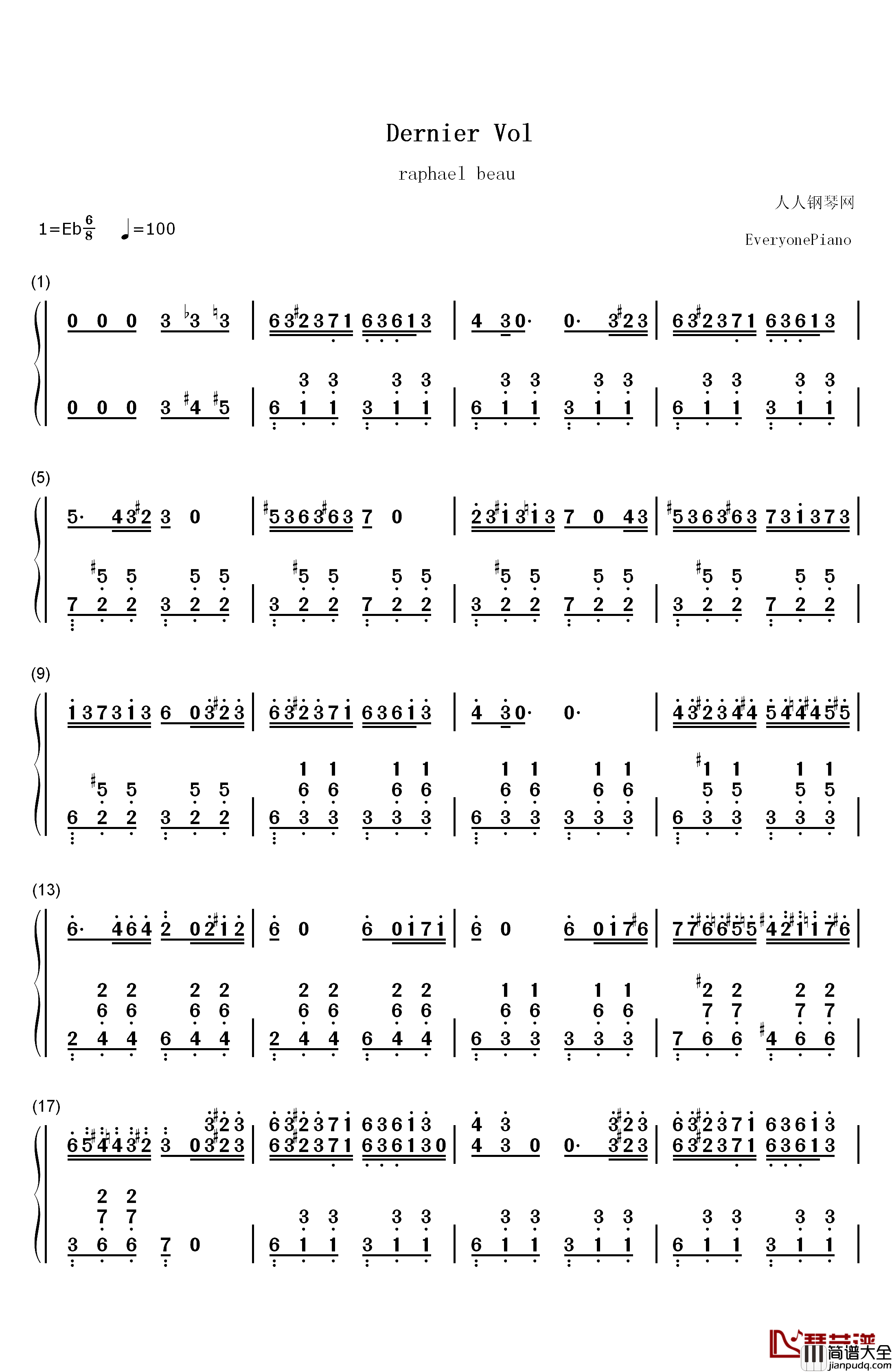 Dernier_Vol钢琴简谱_数字双手_Raphaël_Beau