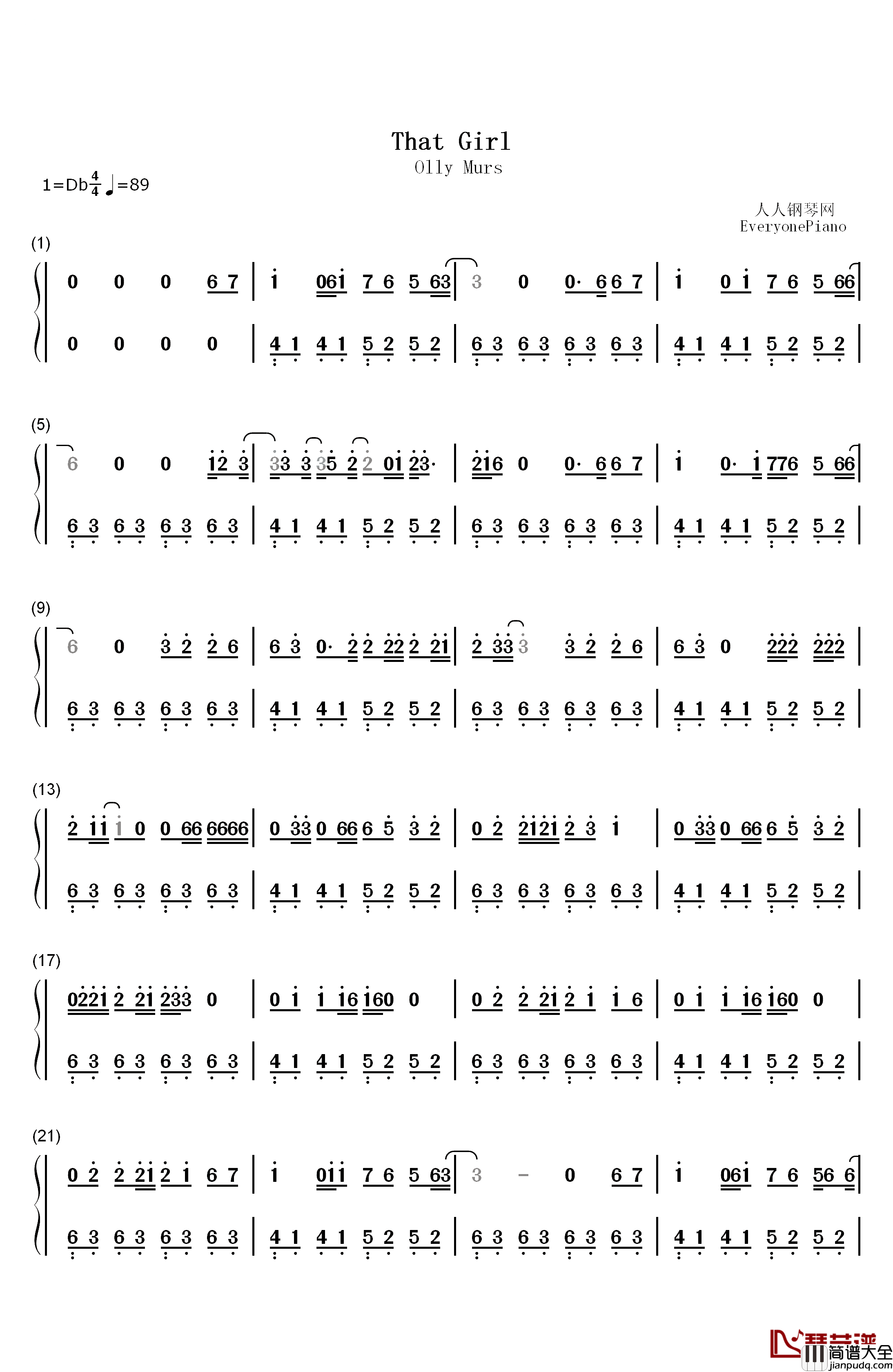 That_Girl钢琴简谱_数字双手_Olly_Murs