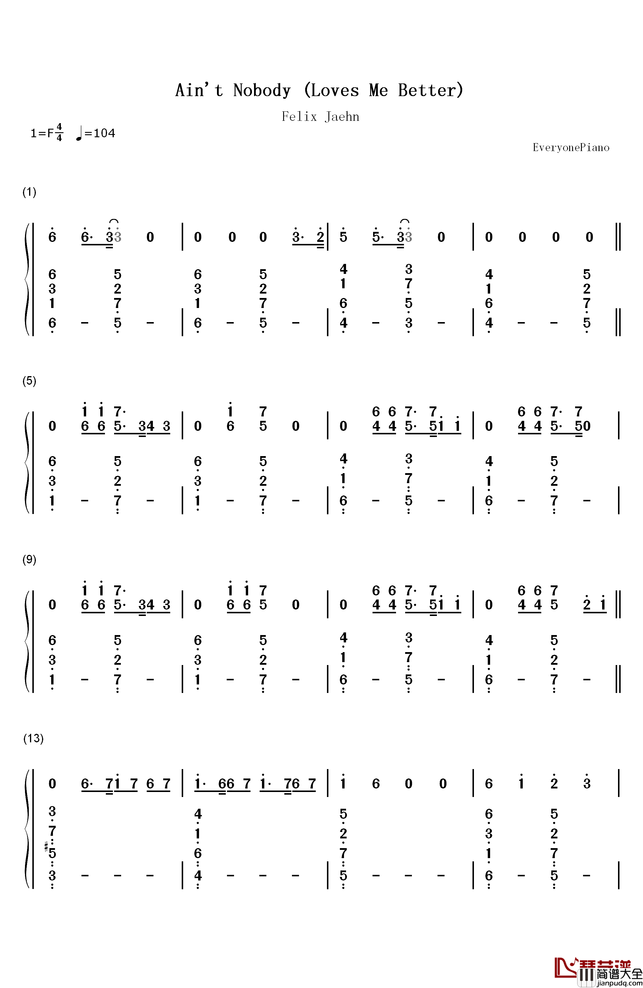 Ain't_Nobody_(Loves_Me_Better)钢琴简谱_数字双手_Jasmine_Thompson
