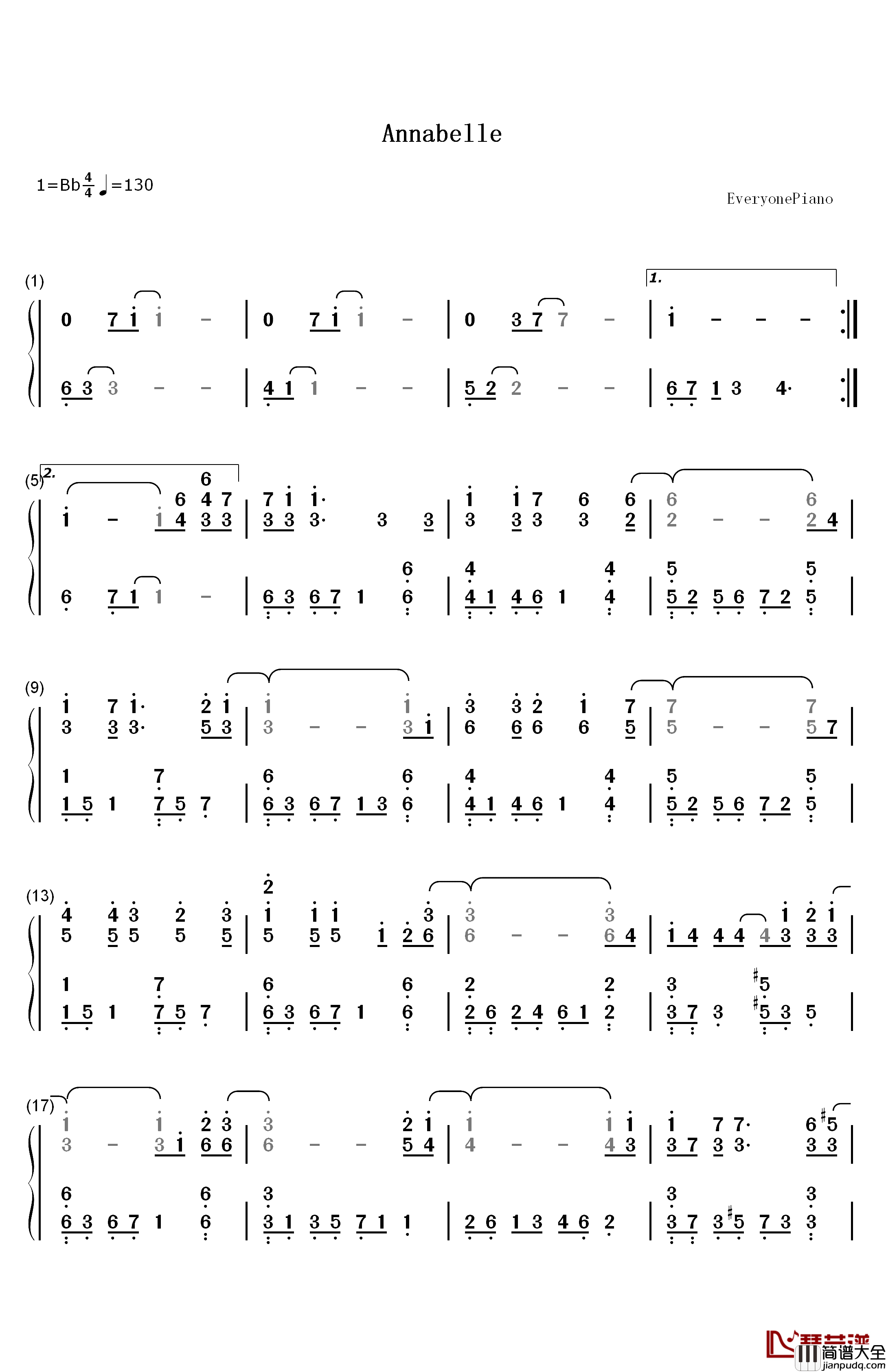 Annabelle钢琴简谱_数字双手_Pianoboy