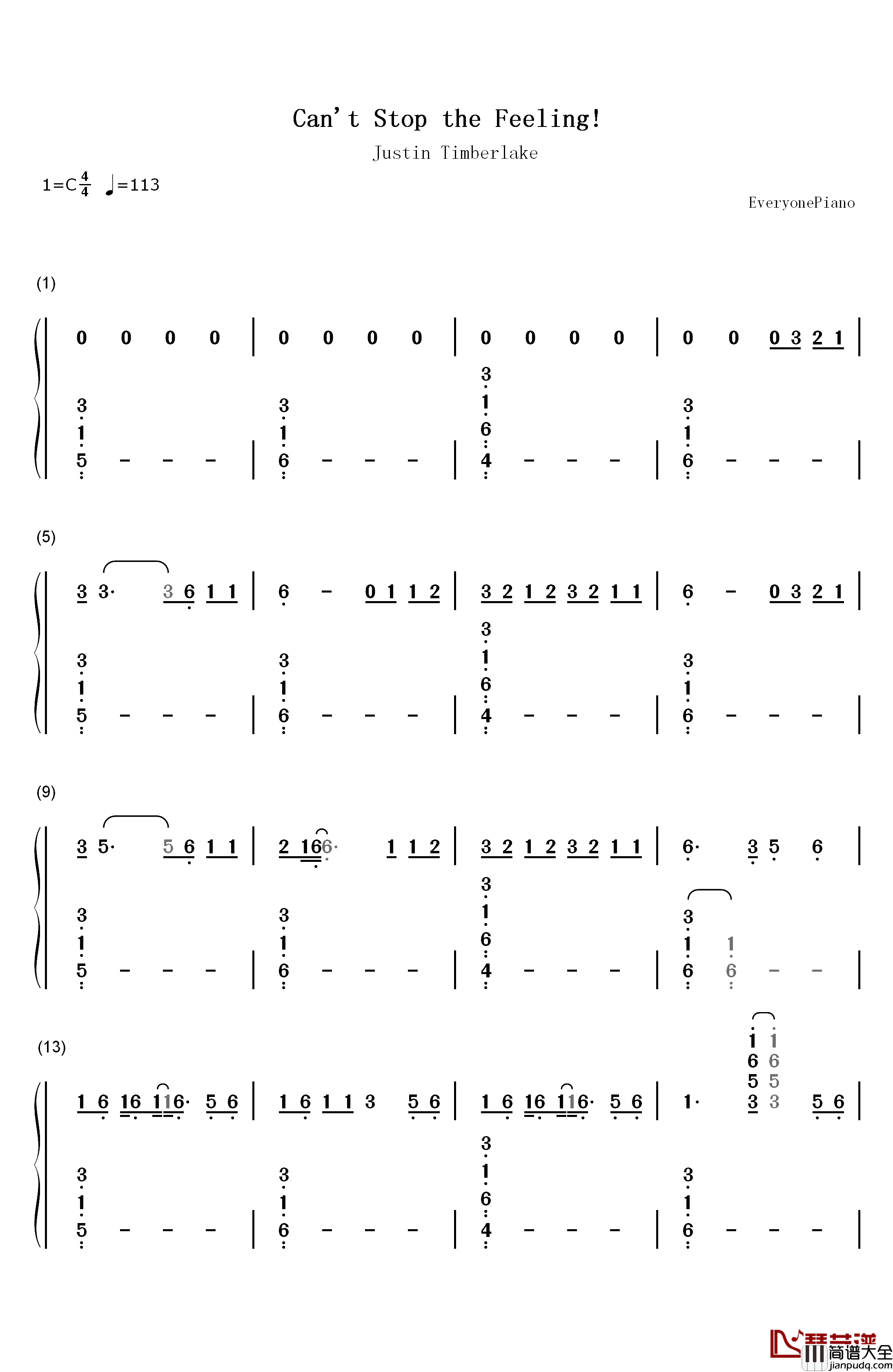 Can't_Stop_the_Feeling钢琴简谱_数字双手_Justin_Timberlake
