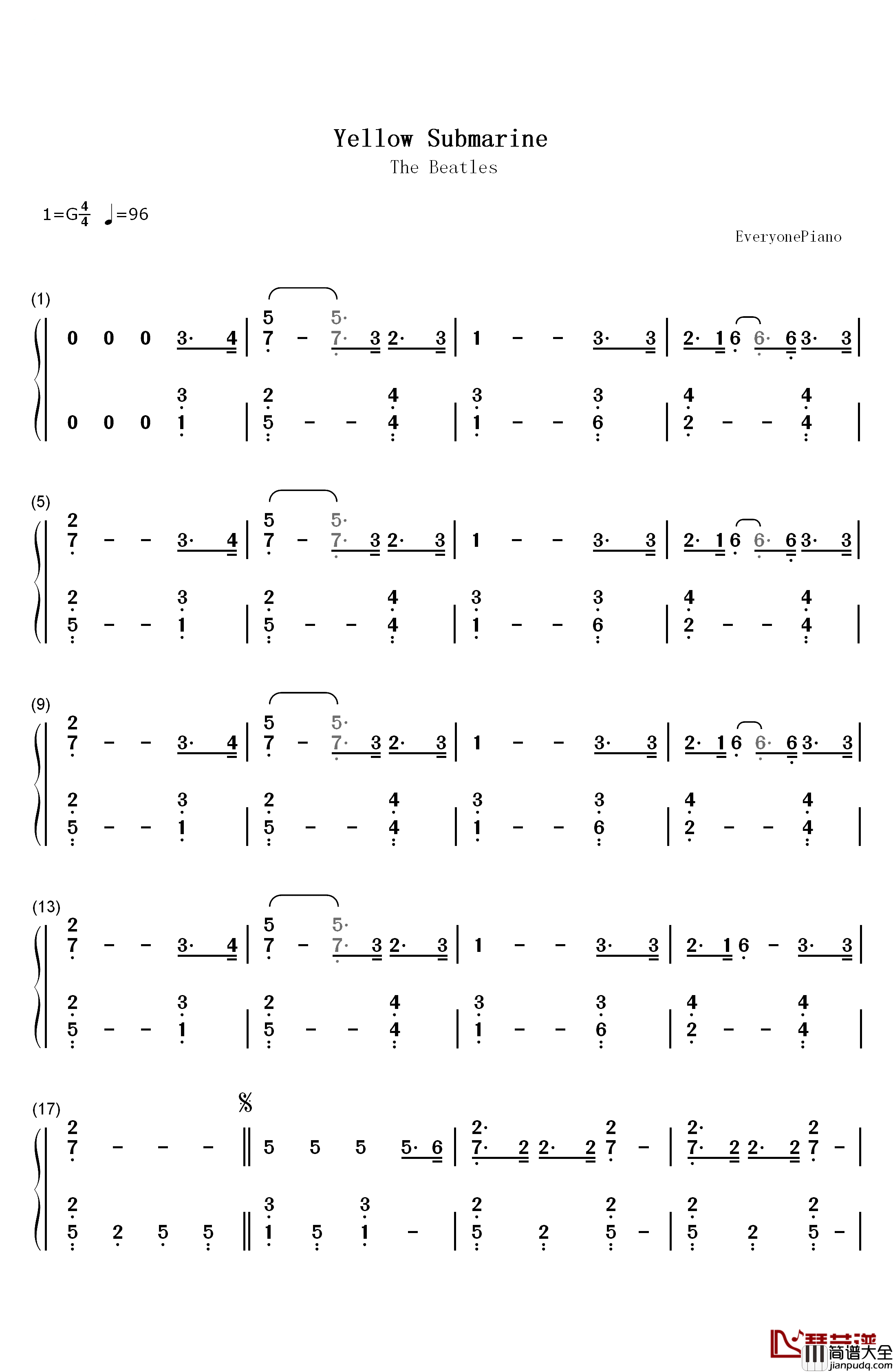 Yellow_Submarine钢琴简谱_数字双手_The_Beatles