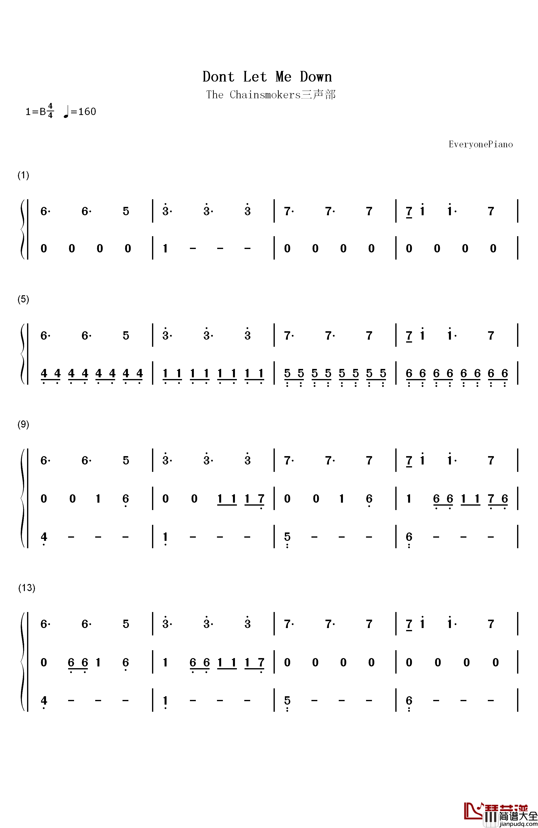 Dont_Let_Me_Down(三声部)钢琴简谱_数字双手_The_Chainsmokers