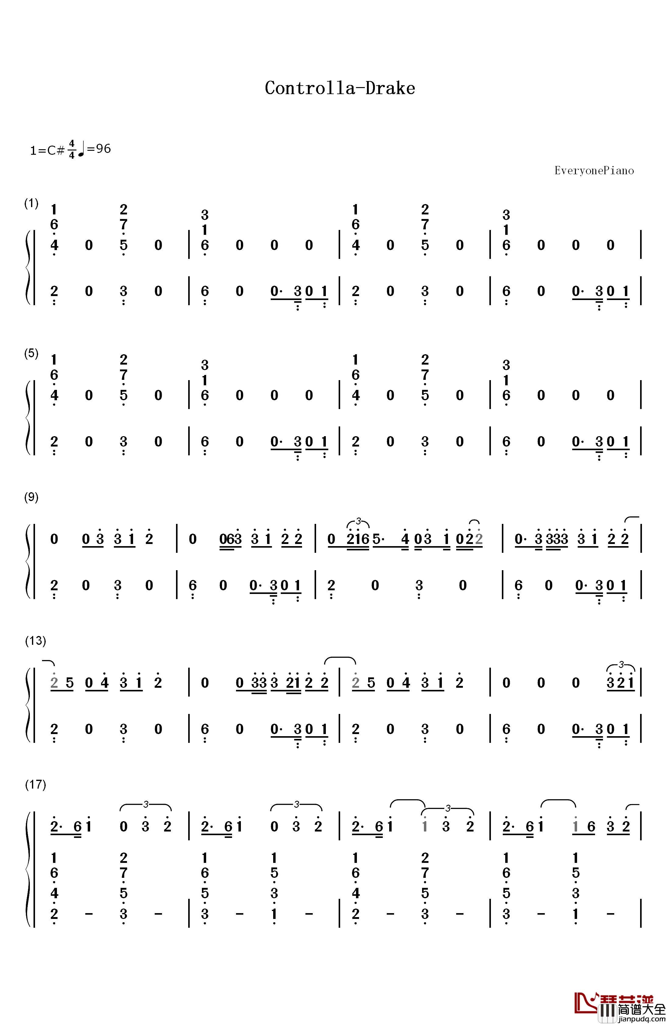 Controlla钢琴简谱_数字双手_Drake