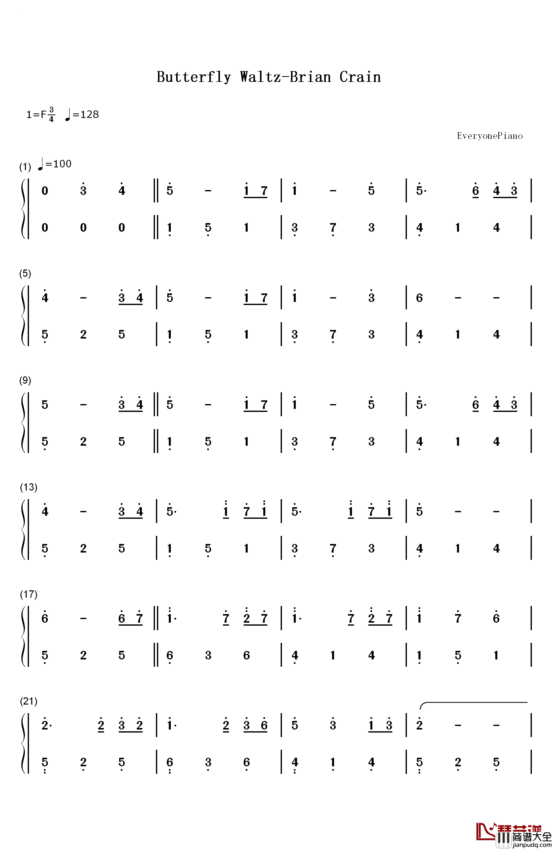 Butterfly_Waltz钢琴简谱_数字双手_Brian_Crain