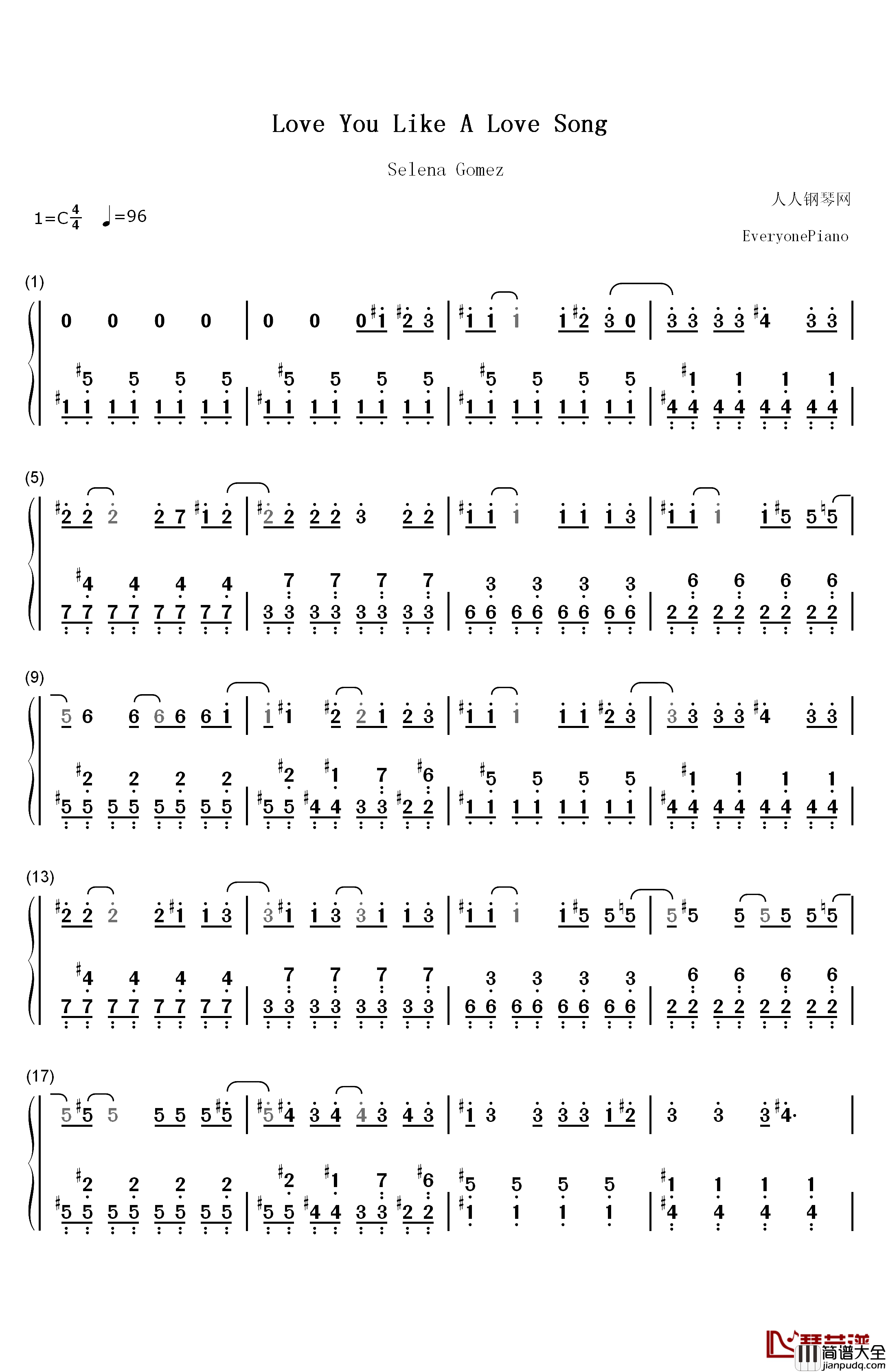 Love_You_Like_A_Love_Song钢琴简谱_数字双手_赛琳娜•戈麦斯