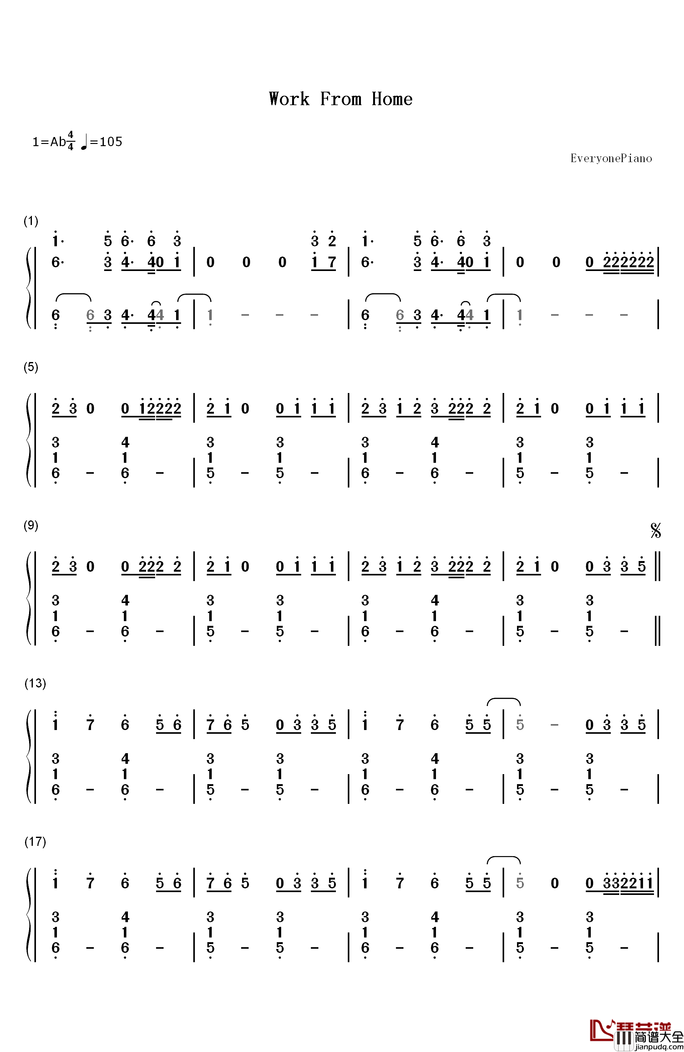 Work_From_Home钢琴简谱_数字双手_Fifth_Harmony