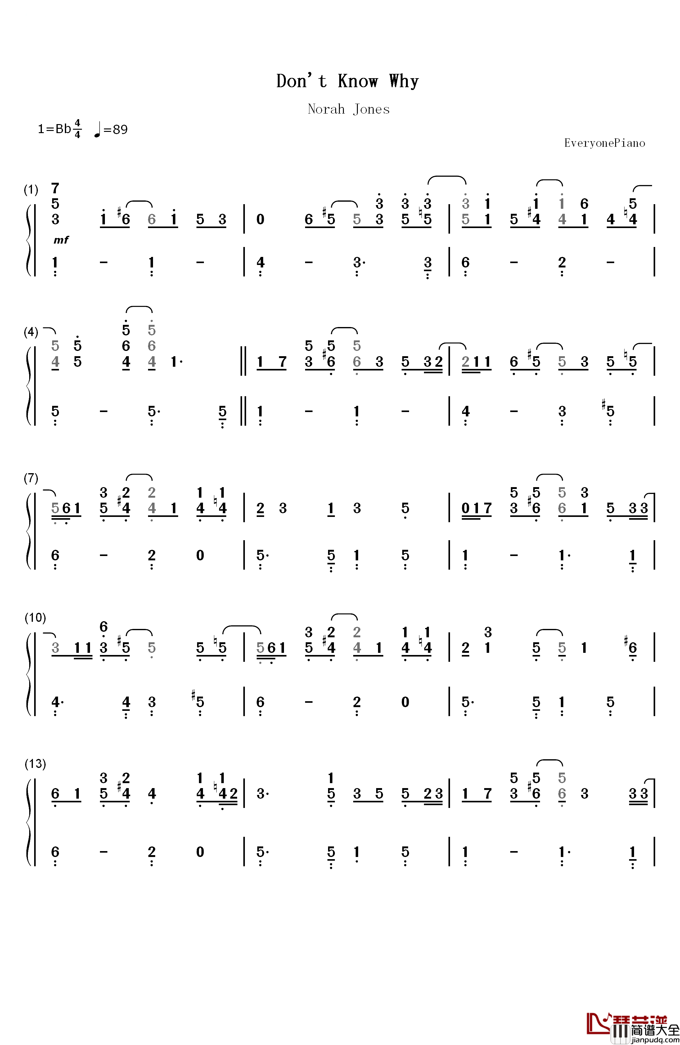 Don't_Know_Why钢琴简谱_数字双手_Norah_Jones _诺拉·琼斯
