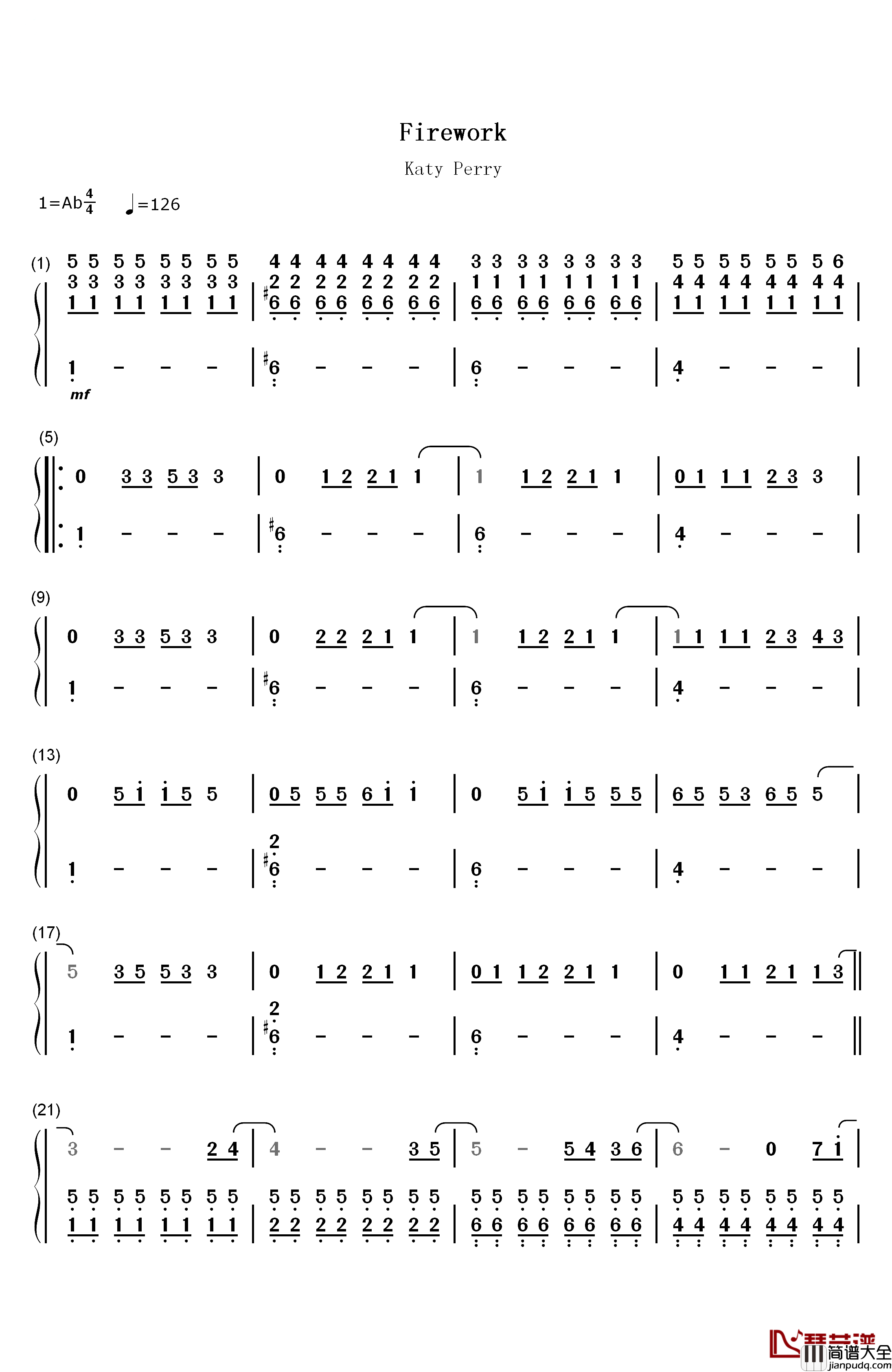 Firework钢琴简谱_数字双手_Katy_Perry