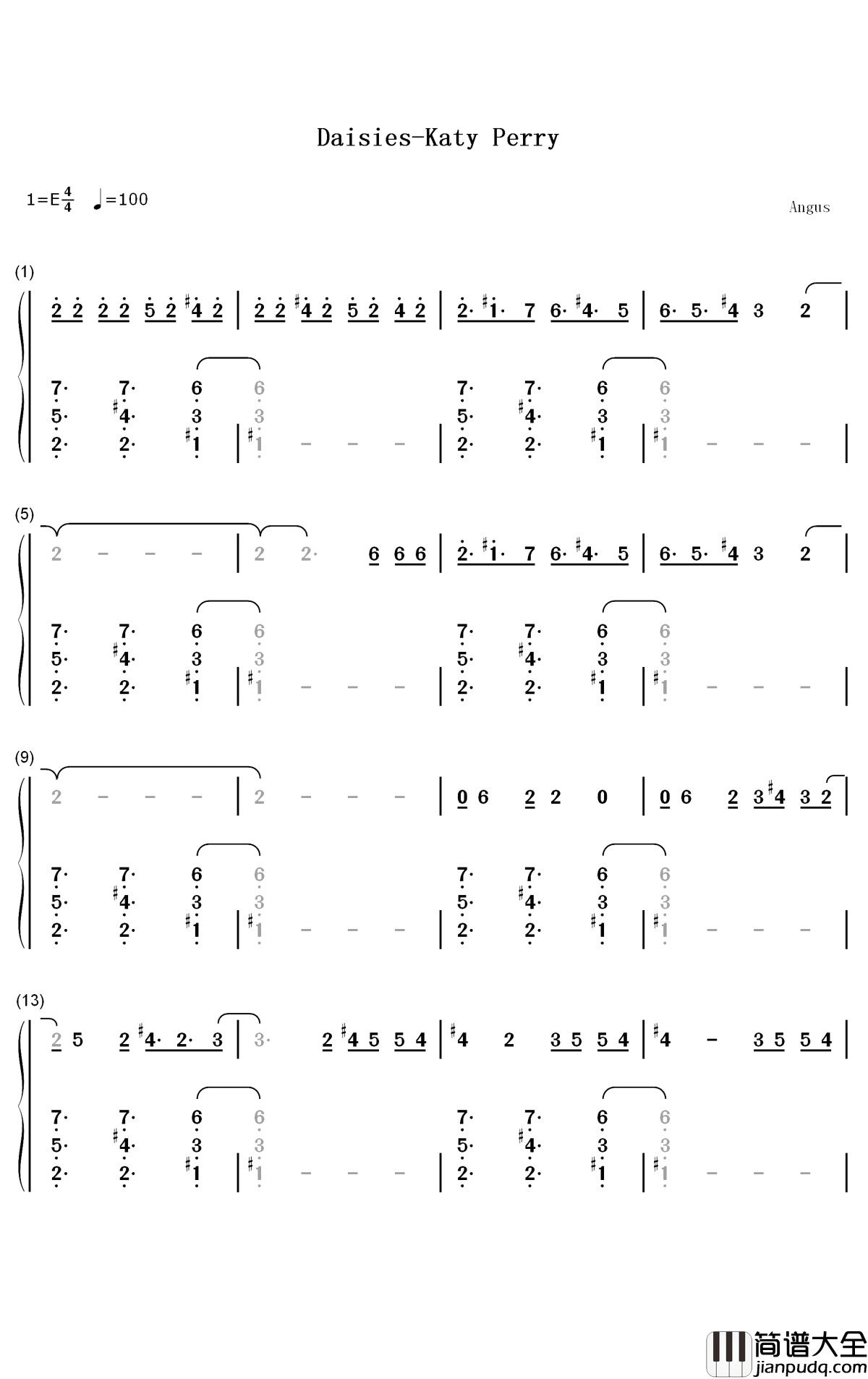 Daisies钢琴简谱_数字双手_Katy_Perry