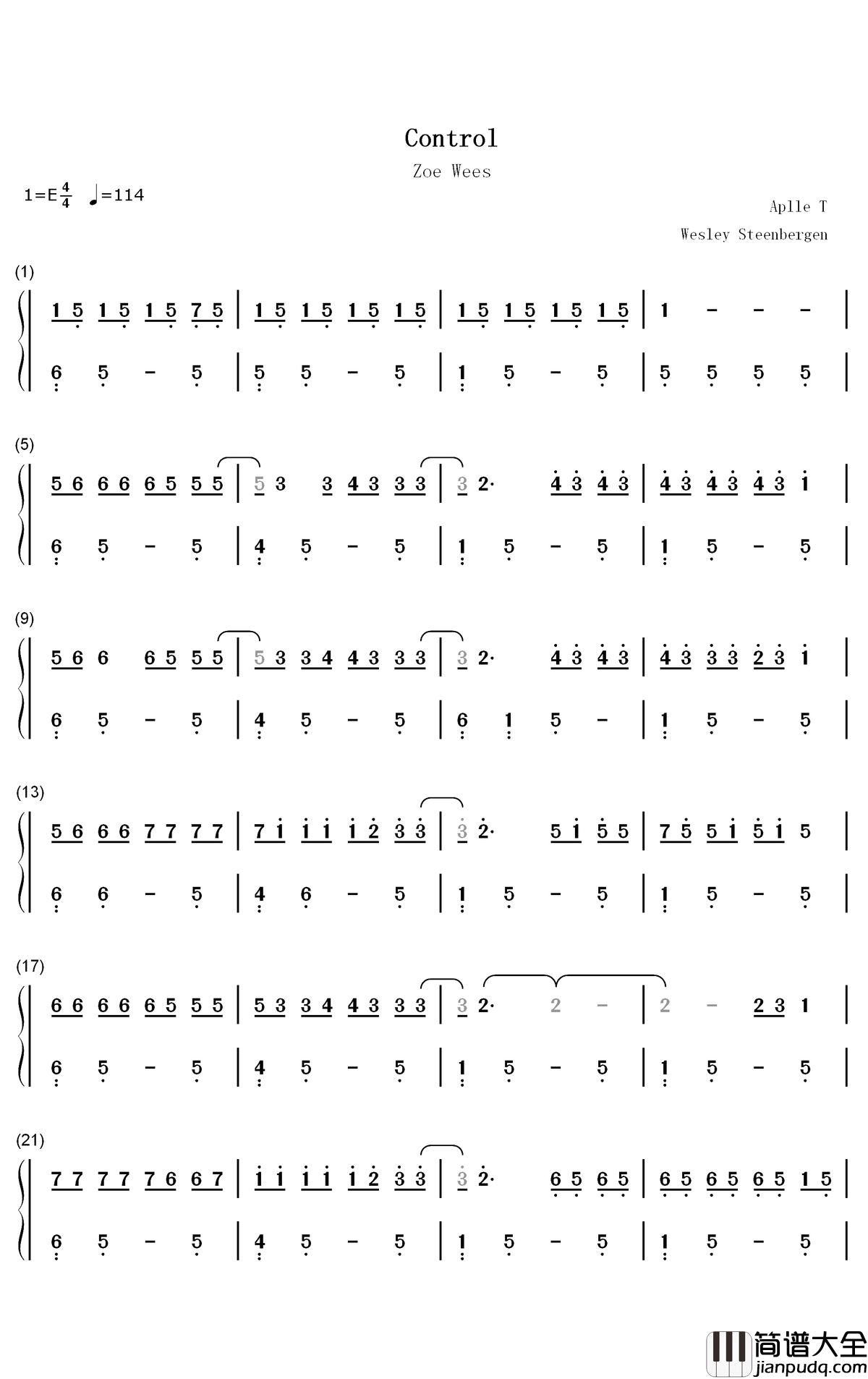 Control钢琴简谱_数字双手_Zoe_Wees