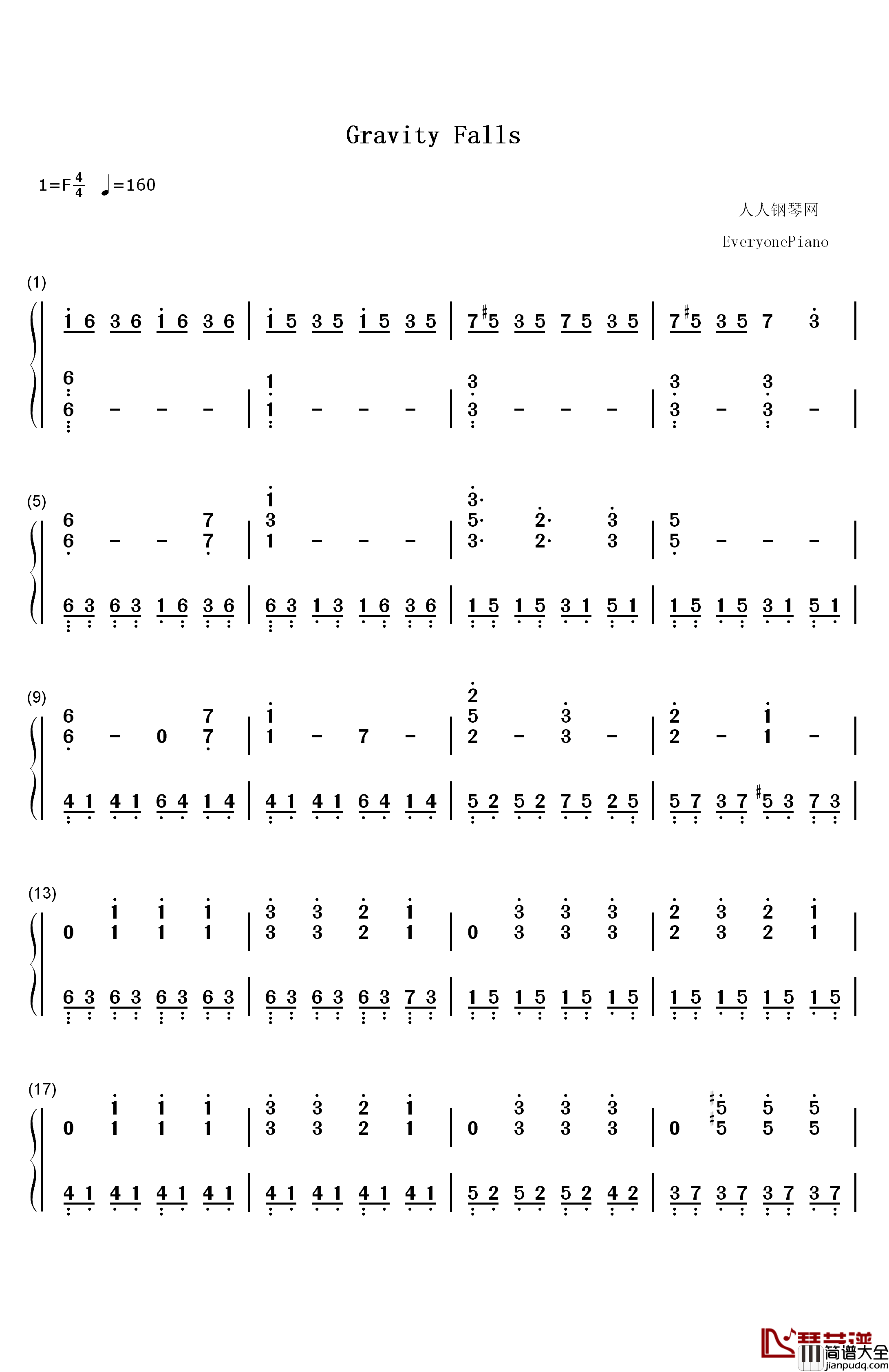 怪诞小镇主题曲钢琴简谱_数字双手_Brad_Breeck