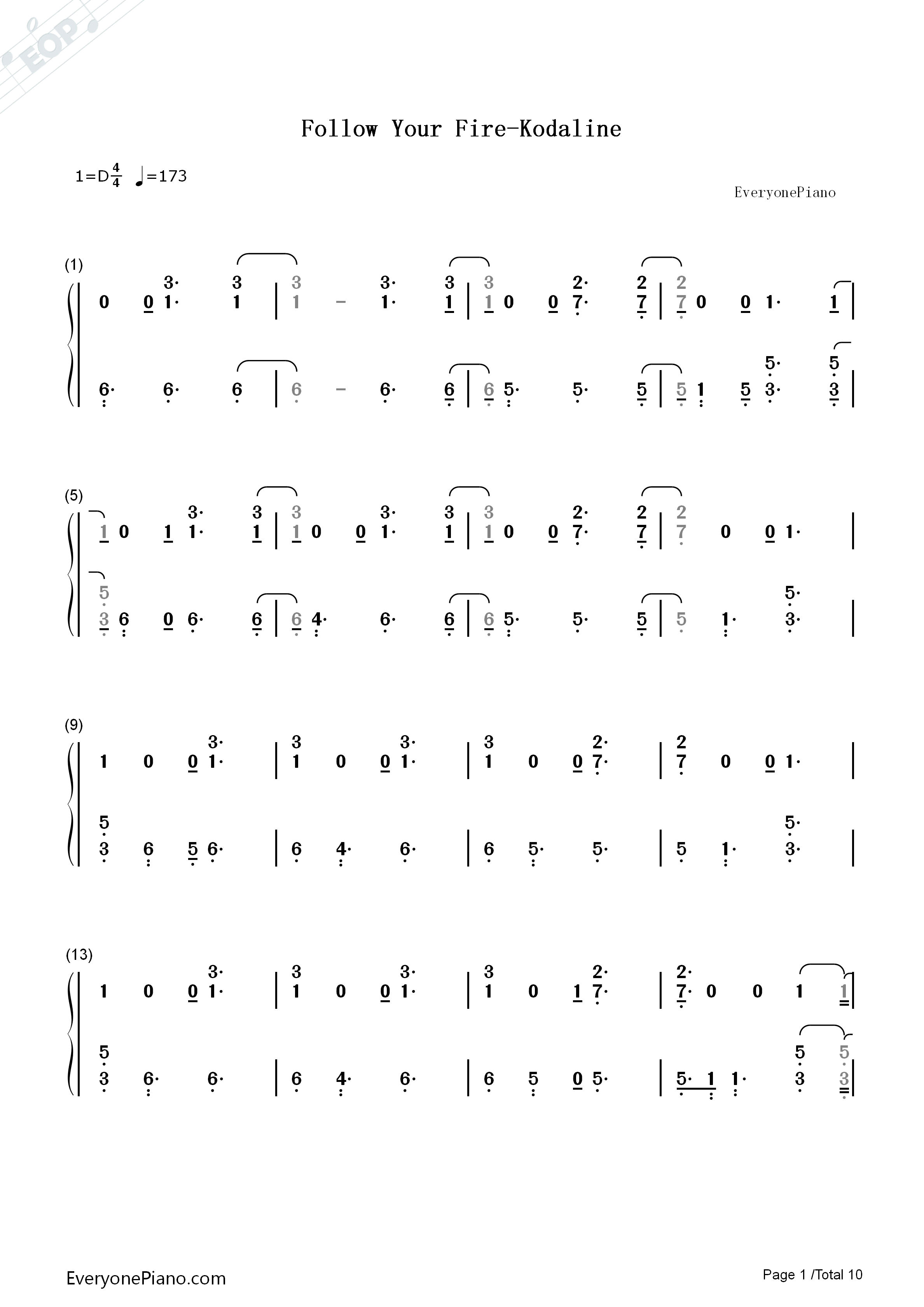 Follow_Your_Fire钢琴简谱_Kodaline演唱