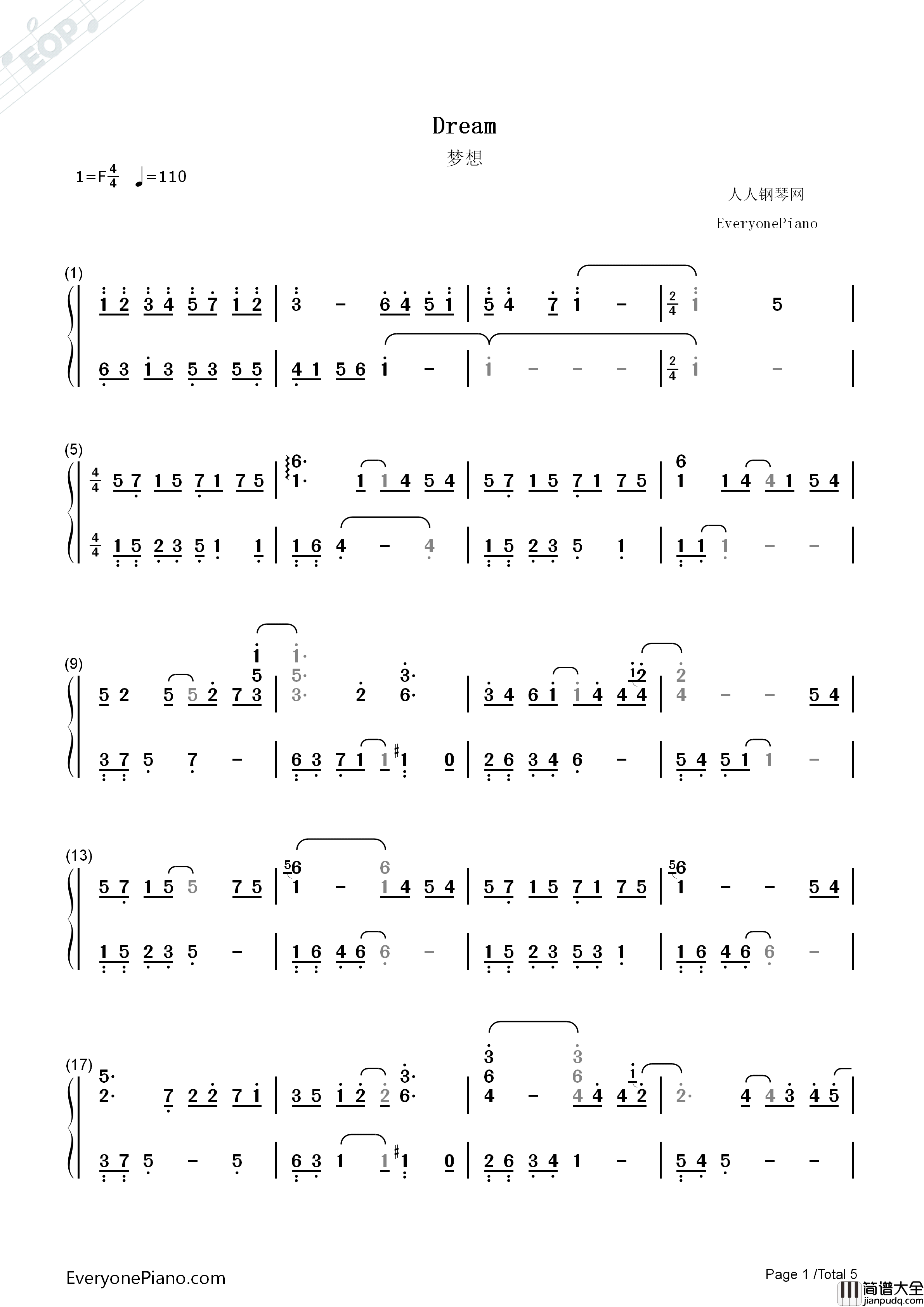 Dreams钢琴简谱_李闰珉(Yiruma)演唱