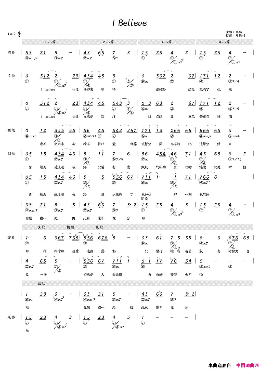 IBelieve简和谱I_Believe简和谱简谱_孙楠演唱_金亨熙/金亨熙词曲