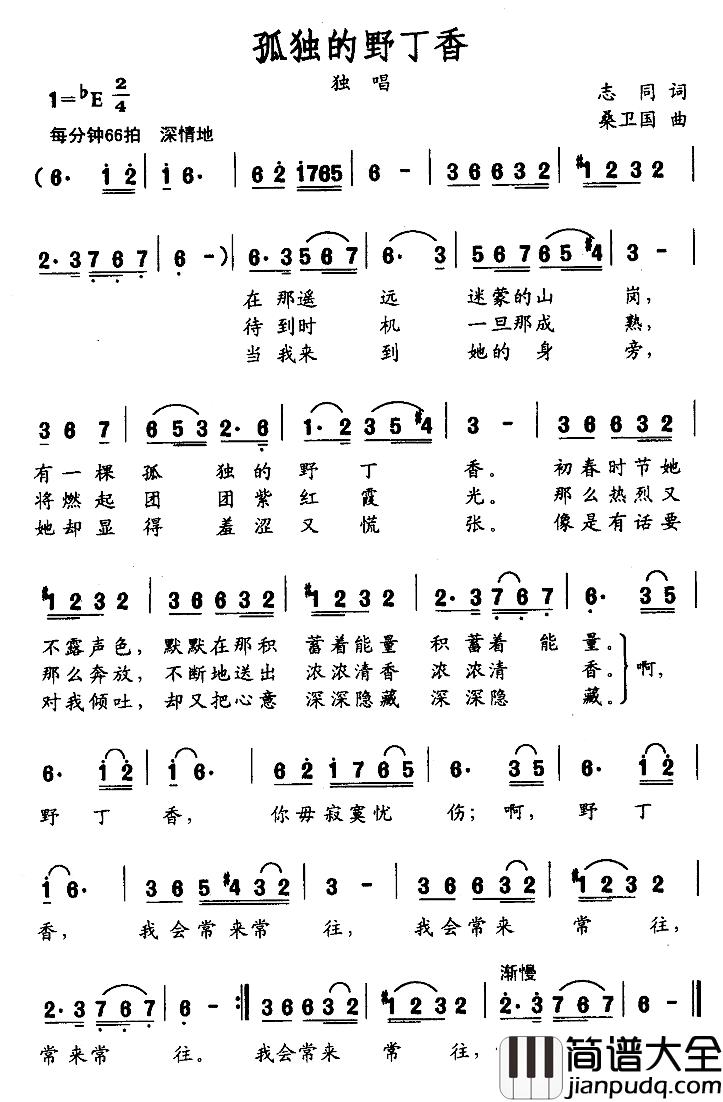 孤独的野丁香简谱_志同词/桑卫国曲