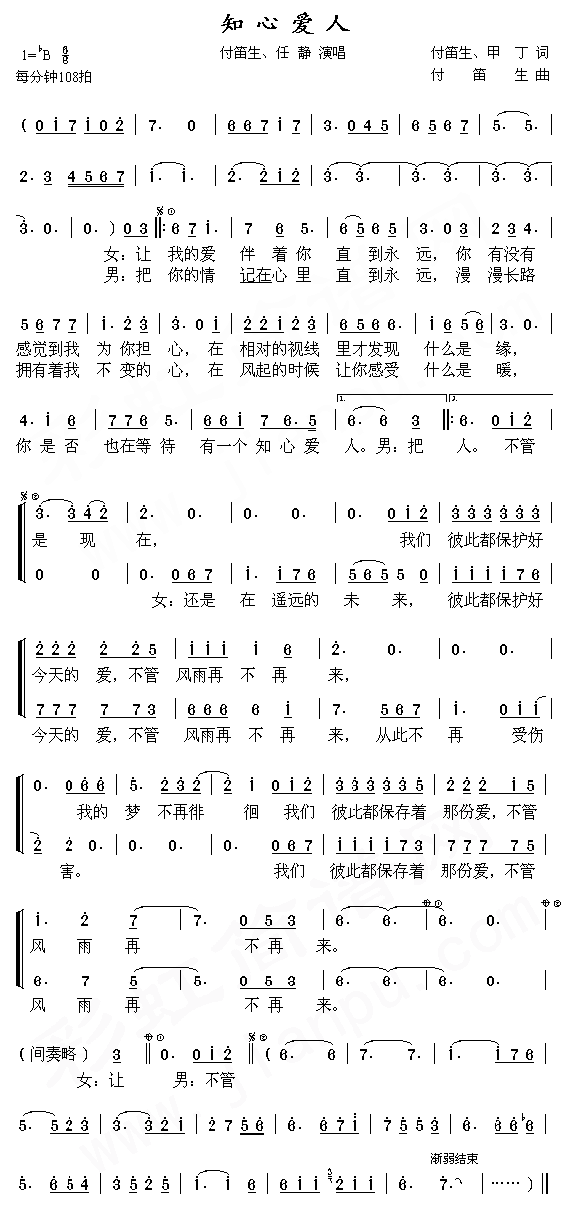 知心爱人简谱_付笛生演唱