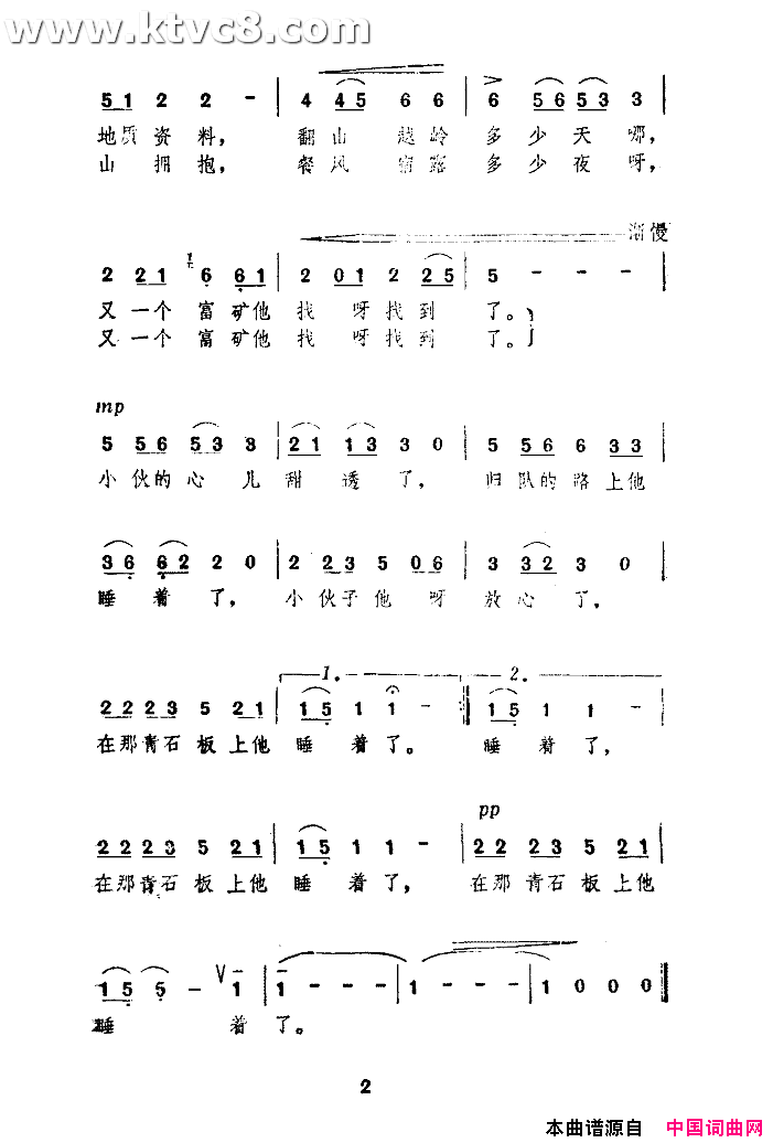 勘探队的小伙睡着了简谱_马国光演唱_晚笛/谷建芬词曲