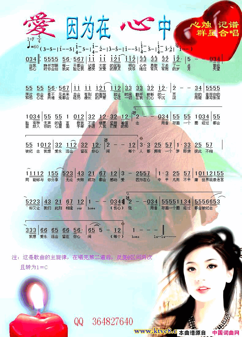爱因为在心中简谱_王力宏演唱_集体歌迷/集体歌迷词曲