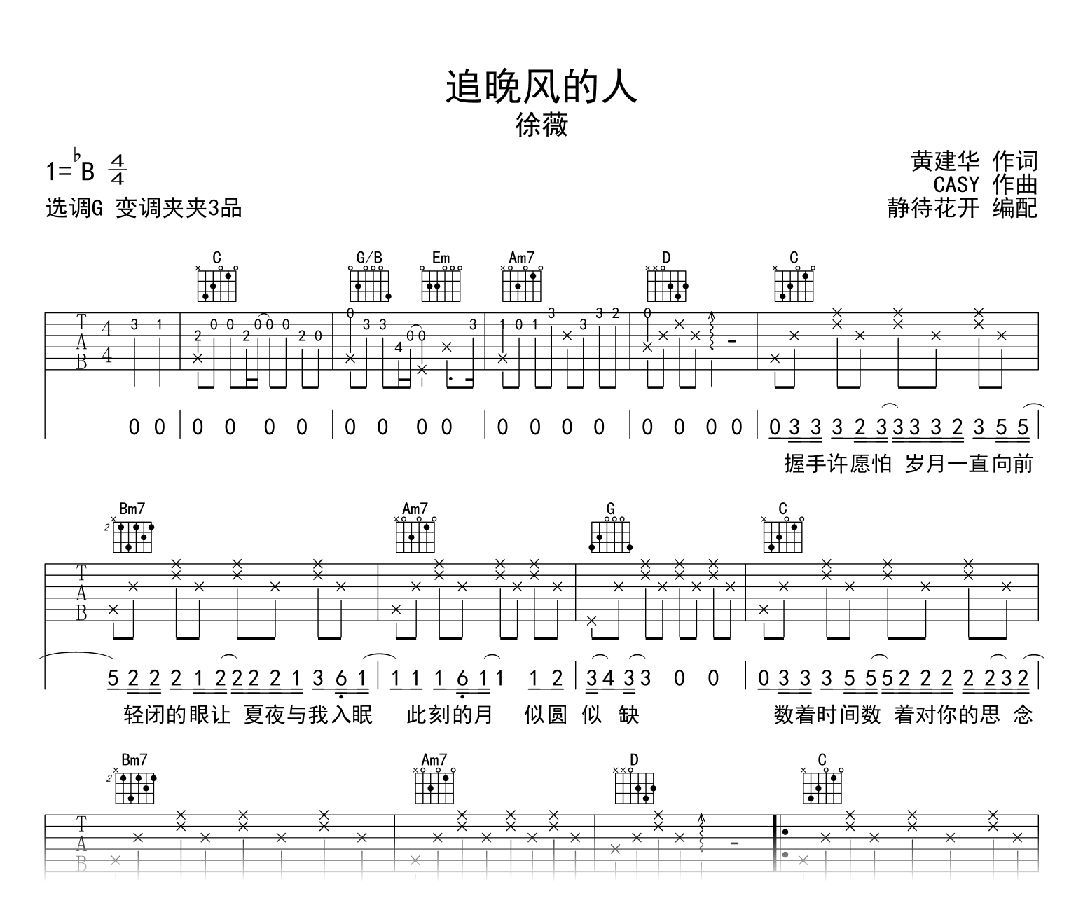 追晚风的人吉他谱_徐薇_G调指法_弹唱六线谱