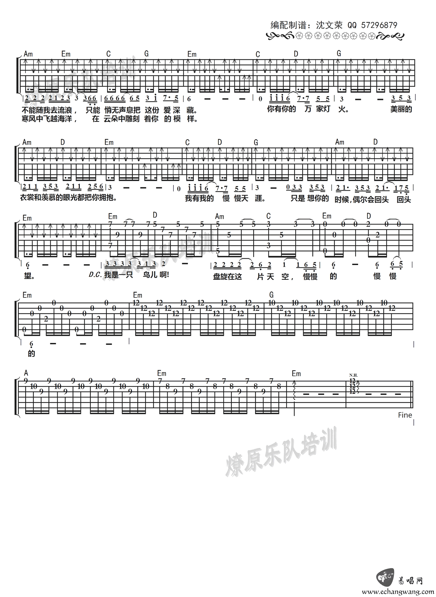孤鸟吉他谱_G调六线谱_沈文荣编配_靳松