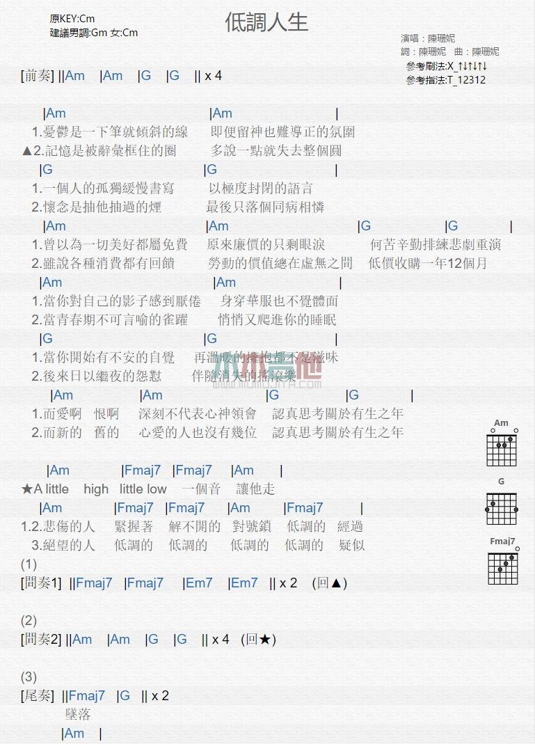 低调人生_吉他谱_陈珊妮